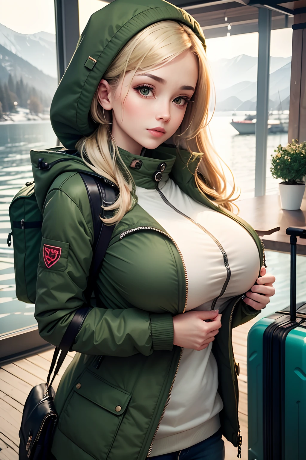 Make a woman with big breast, Green long winterjacket , with open zipper, with face, body, Lakeside house, travel bag, dog
