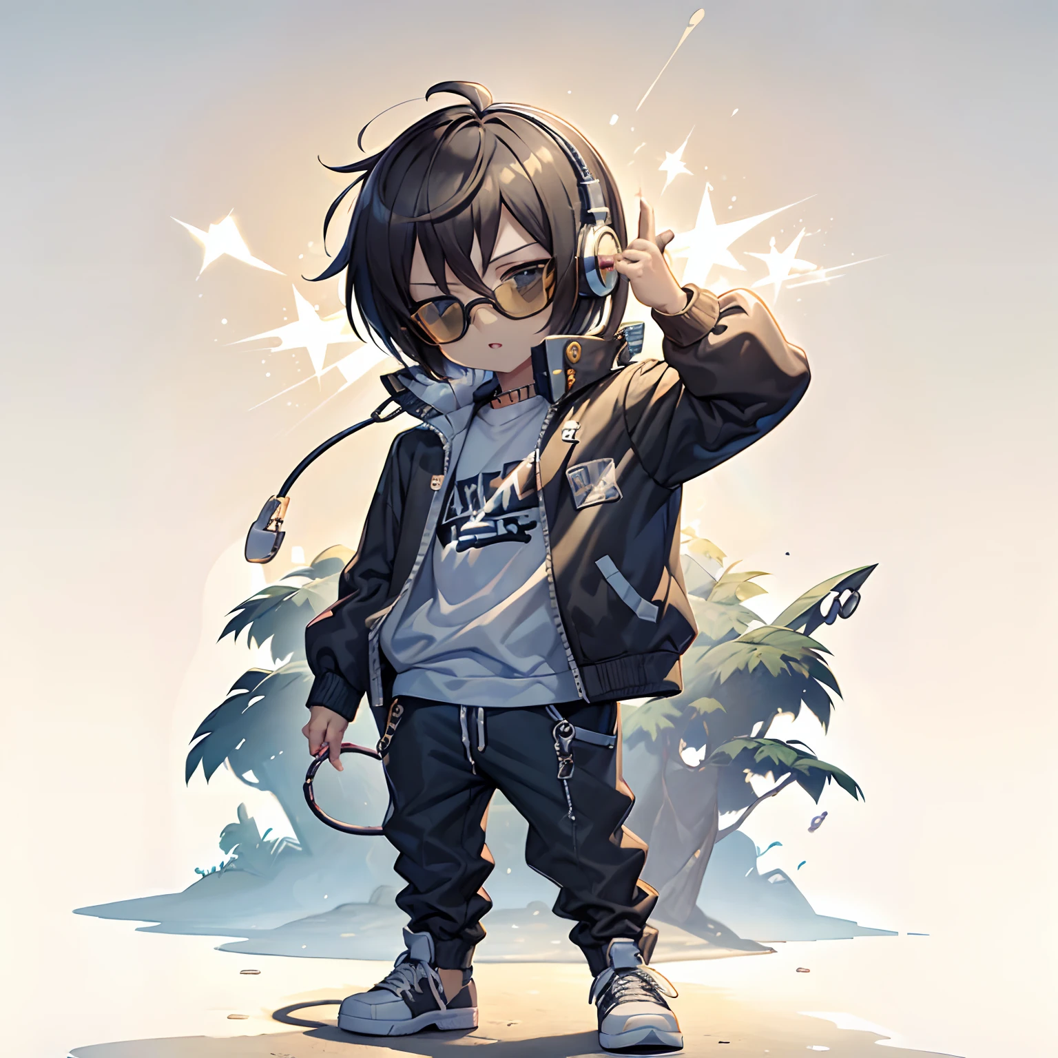 C4tt4stic, Cute 10 year old boy,Cartoon on a jacket and skateboard, Sunglasses,Headphone neck,