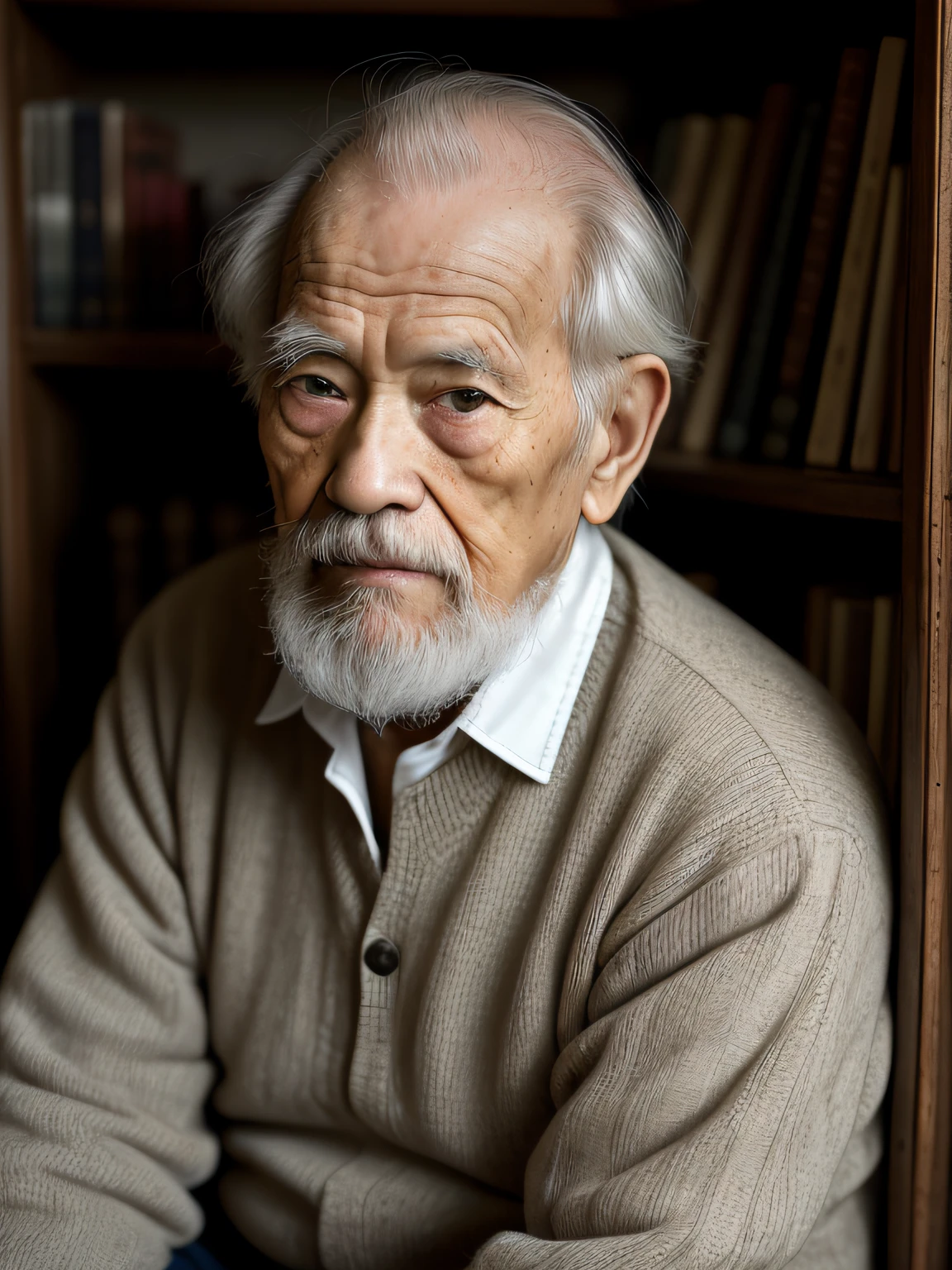 Hyper-Resolution, Ultra photo realsisim, cinema shot, Vignette, Portrait of an 80-year-old man,Look at the viewer,An elderly Asian man,sit on chair,Spiritual old man,Single image,Thin and thin, Old blue eyes, Short white hair, Bookshelf background,White Viking beard, Narrow face,dark-skin, Wide shoulders, Weathered by sunlight and water, Gold pattern royal twin peaks, The Royal Chambers camera is focused on the eye, High focal length, Bust photo,Faraway view,Digital SLR, Dark Studio, rim lit, twotonelighting, Dimly lit, low tune, Backlight,