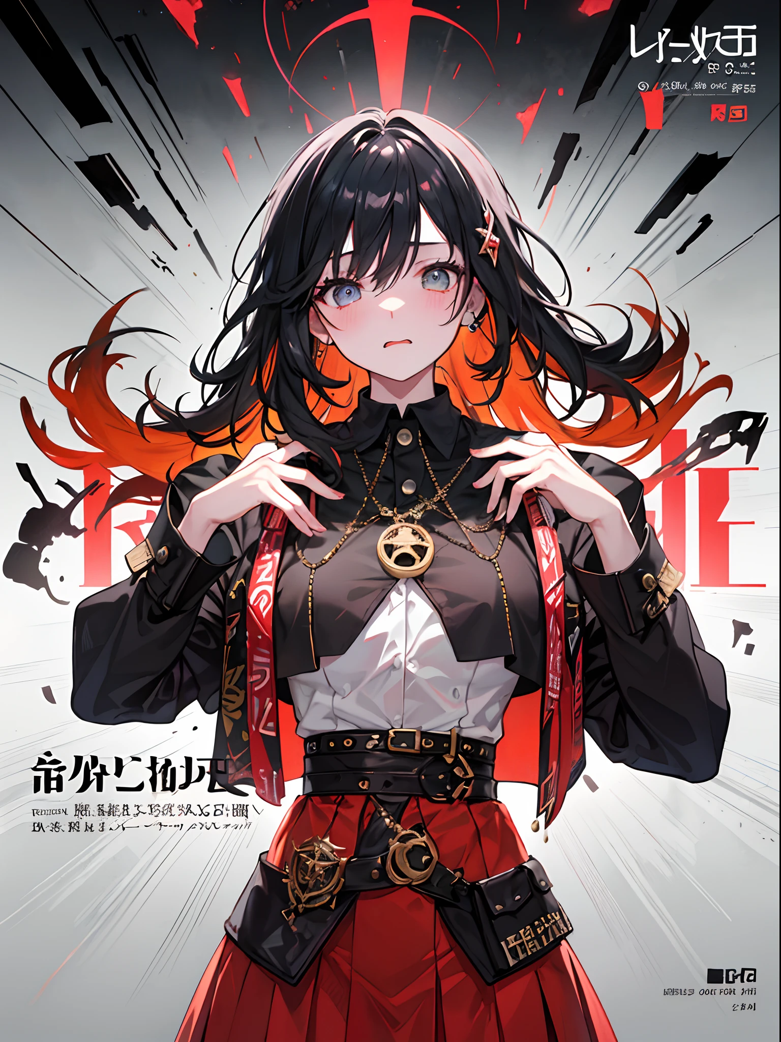 (​masterpiece、top-quality、hight resolution)、 Kana Arima \(Oshinoko\), full of shyness、red hairs、Bob Hair、red blush、Wavy mouth、(((Dramatic)))、(((gritty)))、(((vehement))))The poster of the film appears as a central character。She is shy in the center of the poster、Wearing an idol costume、Has a determined look。The background is dark and rough、I feel like I'm drunk。Text is bold and eye-catching、Catchy slogans add to the overall drama and excitement。The color palette is dominated by dark colors.、Bright colors dotted、Make your poster dynamic and visually impactful、Tachi- e(magazine:1.3)、(cover-style:1.3)、Fashionable、with a vibrant、outfits、the pose、the front、colourfull、Dynamic、Background with、element、self-assured、Expressively、ngel、statement、attachment、An majestic、coiled、surroundings、Touch、The scene、Texto、covers、boldface、grab attention、Titles、lo fashion、Font、Catchy、Titles、Large、grab attention、moderno、 Trendy、concentrating、Stylish、1 girl in