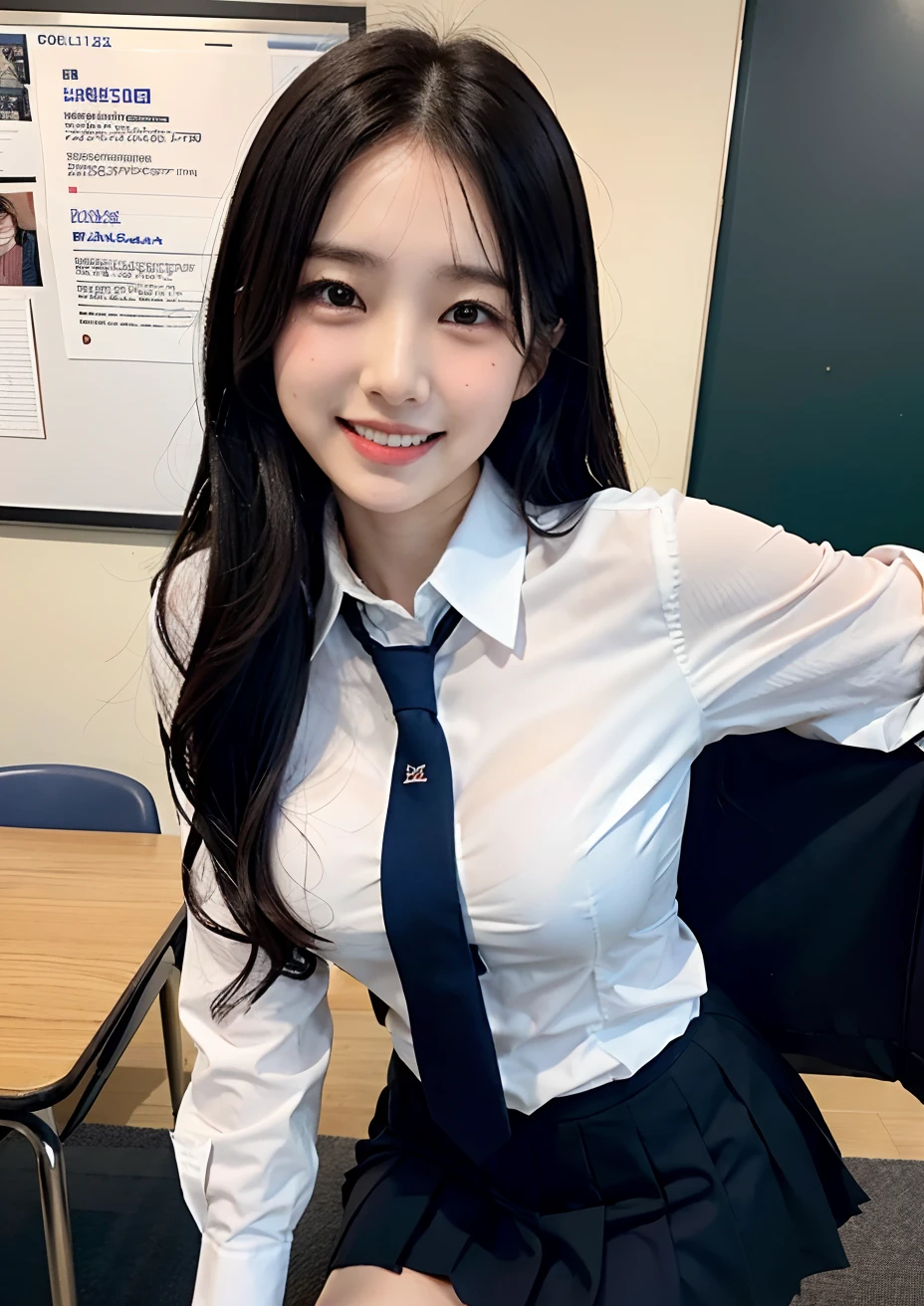 There is a woman taking a picture wearing a tie and skirt, japanese girl school uniform, aya takano color style, wearing japanese school uniform, hana yata, Ayaka, Sui Ishida, Aya Takano, Japan school uniform, Shiori Teshirogi, Ayami Kojima Amano, Rin, Erika Ikuta, Rei Hiroe、High School Classroom、Well-groomed eyes、sensual bodies、Uniform is wet with sweat、Extraordinary beauty、huge-breasted、Smiling、Clothes are unbuttoned、