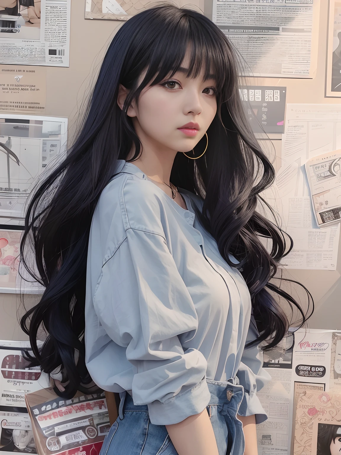 A woman with short black hair wearing a blue shirt and jeans, Short hair anime girl, Asian girl with short hair, wavy short black hair, with short hair, Long wavy black hair, black hime cut hair, large eyes and flowing long hair, long wavy dark hair, Long flowing black hair, ulzzangs, She has short black hair, Flowing black hair