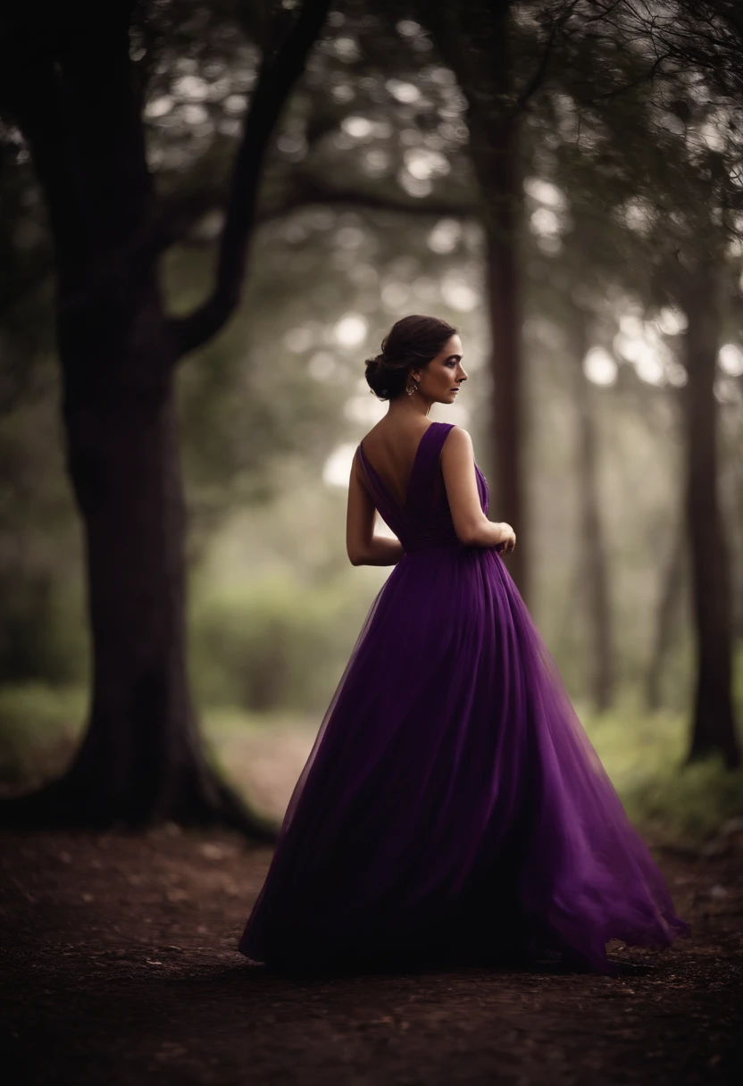 Garota, cor parda, cabelos castanhos,  vestido longo roxo, olhar carinhoso,