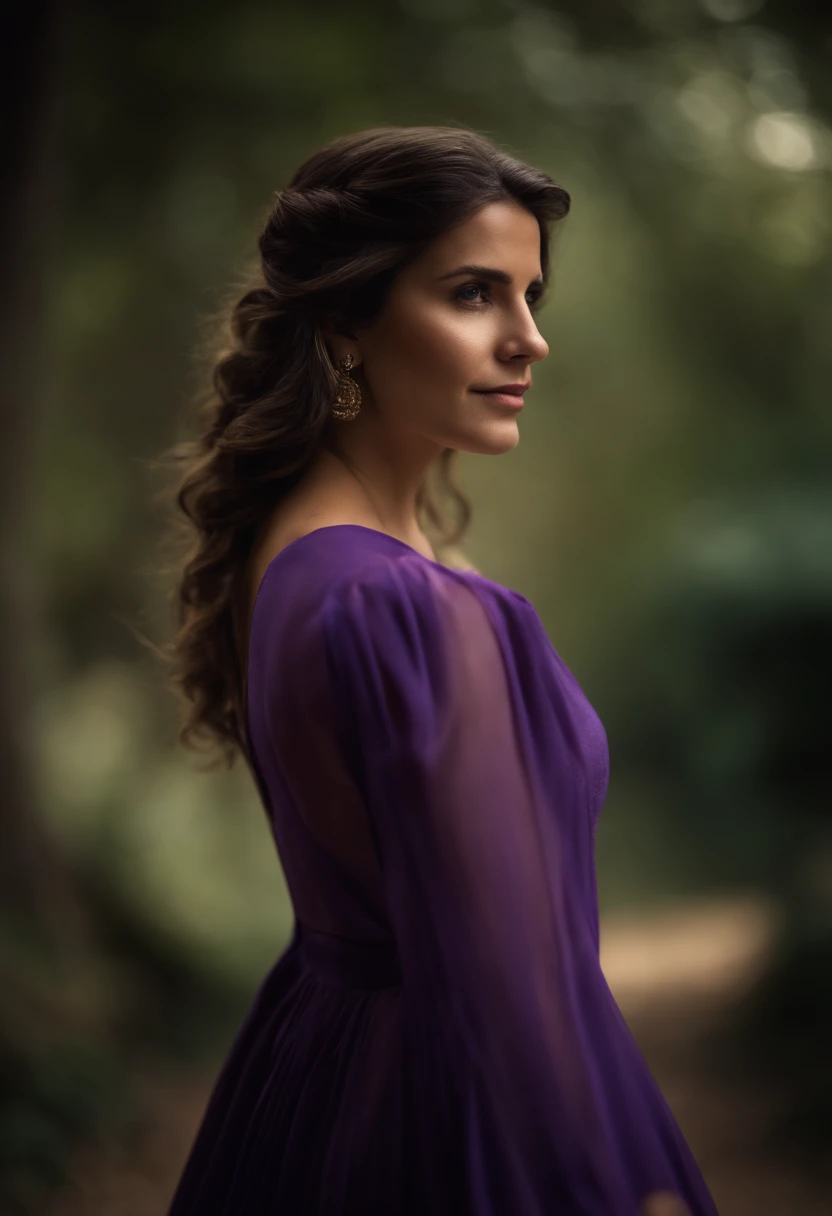 Garota, cor parda, cabelos castanhos, vestido longo roxo, olhar carinhoso,