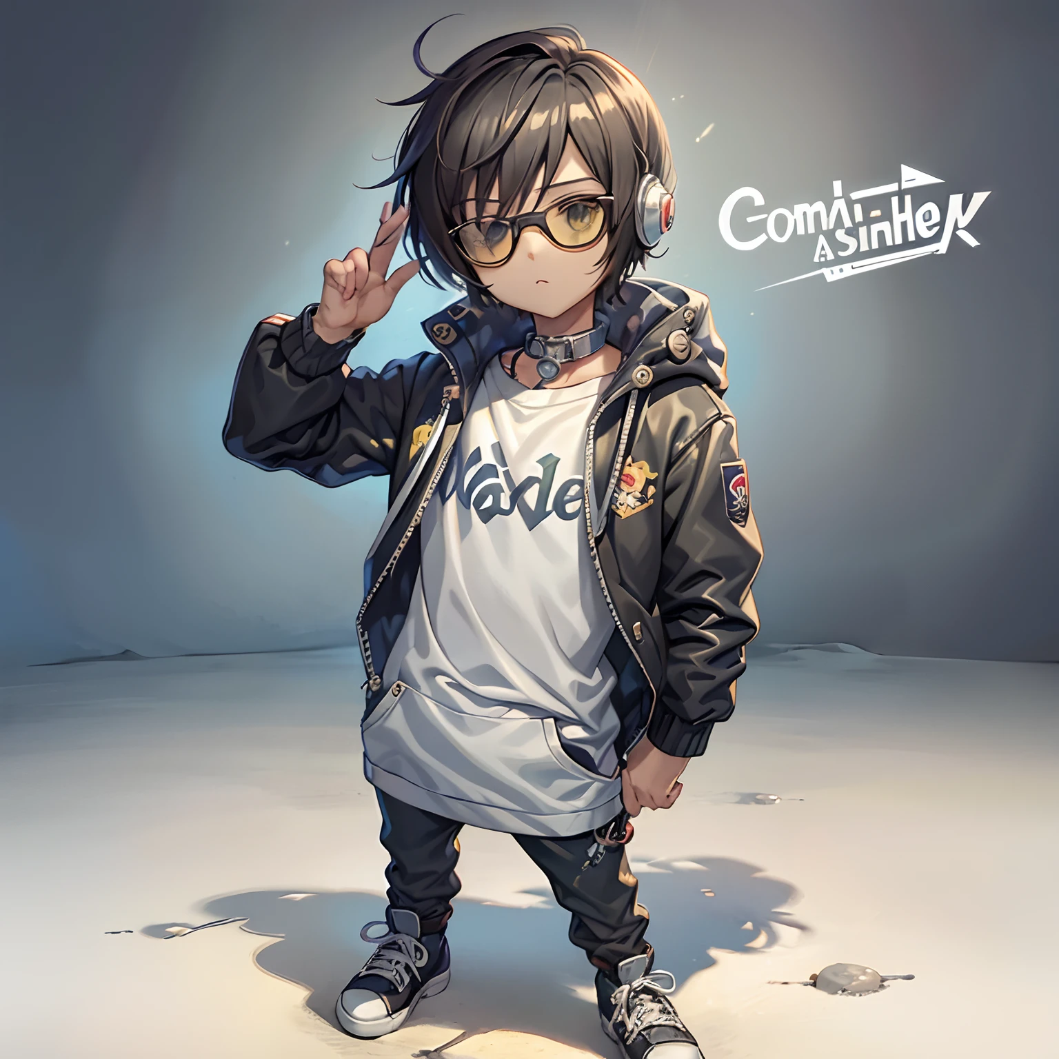 C4tt4stic, Cute 10 year old boy,Cartoon on a jacket and skateboard, Sunglasses,Headphone neck,