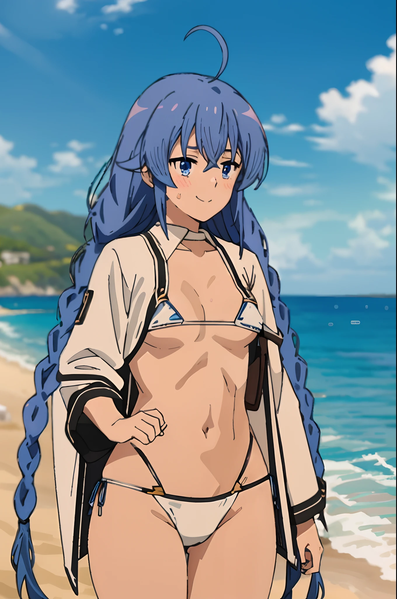 Roxy, 1girl, solo, ((light smile)), ((light blush)), twin braids, long hair, blue hair, ahoge, blue eyes, ((bikini, white bikini)), small breasts, standing, looking at the viewer, beach, ocean, water, splash, clouds, ((masterpiece)), best quality, high detailed illustration, high detailed background