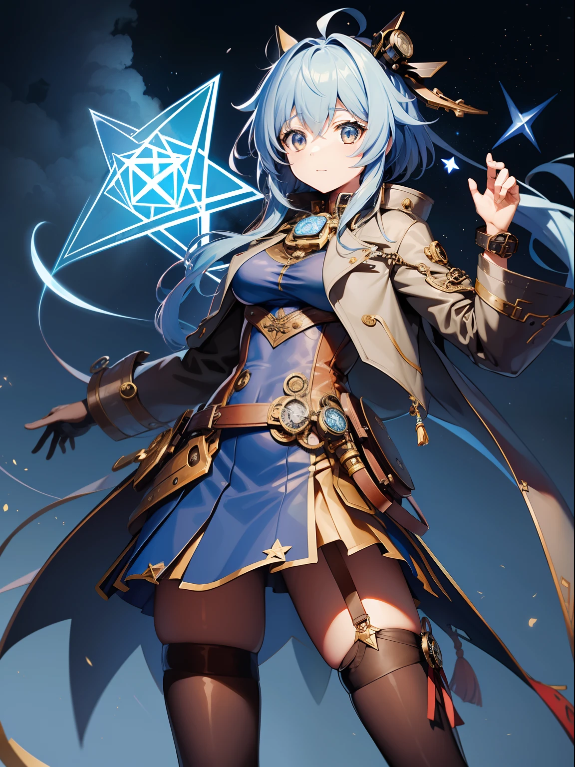 (masutepiece:1.2)、Little Flying Steam Racer、flying girl、Far above、Cute girl in anime style, Inverted triangle composition, Archaic steampunk style costumes, ((Light blue straight hair:1.2), (hitomi、Pentagram:1.2)), Cool Face, Wearing a lot of steampunk gear and chronomatters, Full body, Steampunk Sky Blue Red Leather Coat、Decorated with numerous gear and watches, Finely detailed, High resolution, 1girl in, Night, Black sky and lots of stars,
