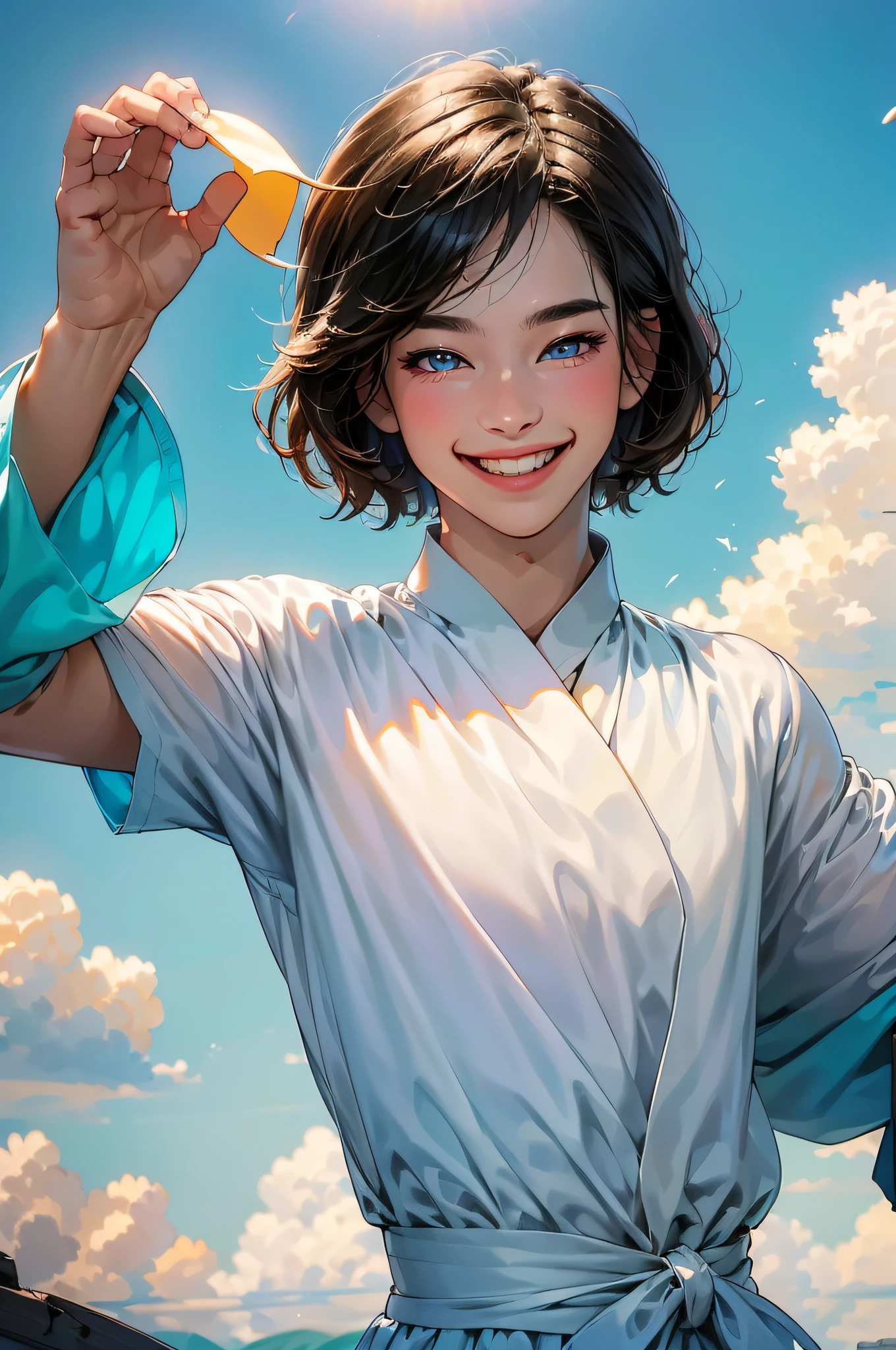 (in 8K、top-quality、masterpiece:1.2)、1人の女性、(Smiling smile:1.1)、beautidful eyes、Valley、The upper part of the body、shorth hair、Like a boy、bob cuts、Blue View、