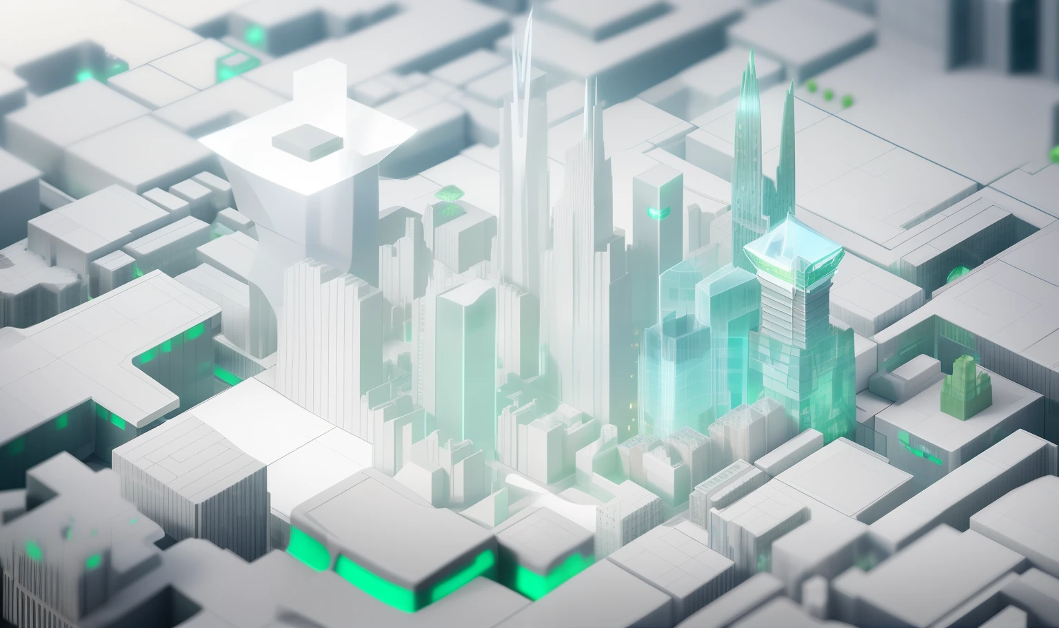 Image of the city of Alafeld，The green tower is surrounded by smaller buildings, 3d abstract render overlayed, Cyber architecture, geometric futuristic cityscape, background of digital greebles, Fractal architecture, geometric 3d render, geometric 3 d render, depicted as a 3 d render, tectonic cityscape, clean digital render, abstract 3d rendering, Translucent Grybour