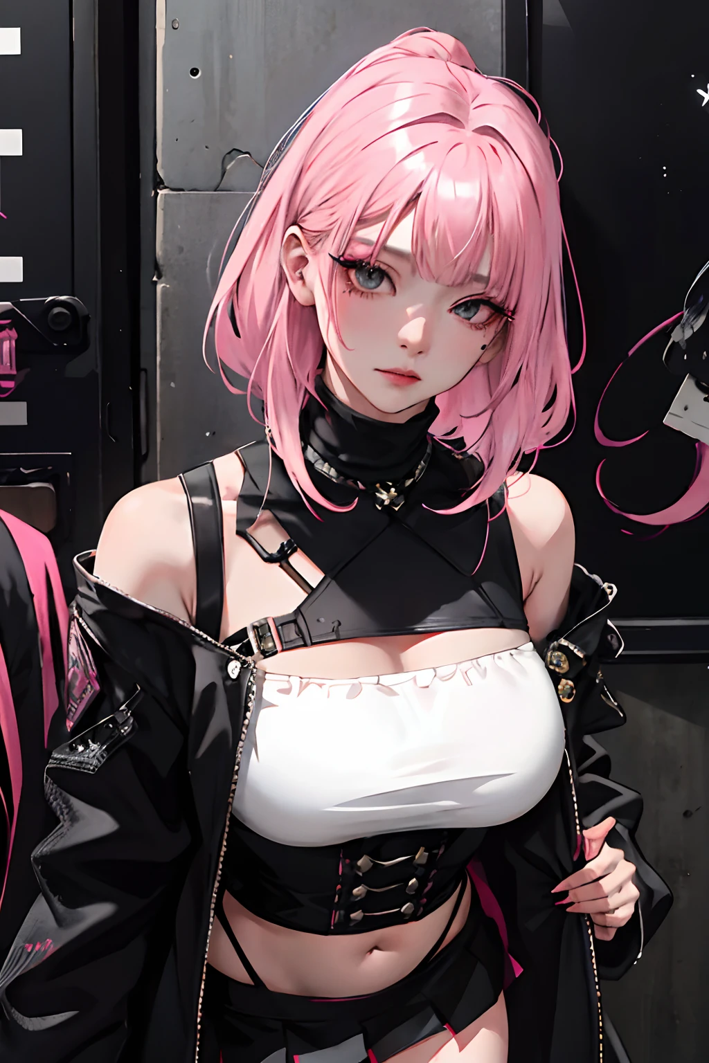 (masuter piece:1.2、top-quality)、(Live action、Intricate details)、(1lady、独奏、The upper part of the body、Colossal tits) garments: Edgy、Black jumper、Pink mini skirt、Avant-garde、Experimental appearance: Long pink hair、Dramatic makeup、Unconventional fashion choices behavior: Rebel、Runaway Ladies Leader、secretary-general、Black jumper、Pink mini skirt、Anti-system、Provocative Location: urban art district、Underground Music Scene Hobbies: Bad girl、Create mixed media art、Experiment with different subcultures values: individuality、authenticity、Creative Expression Inspiration: Runaway Ladies Leader、secretary-general、Counterculture icons、Nature: boldness、Unconventional。