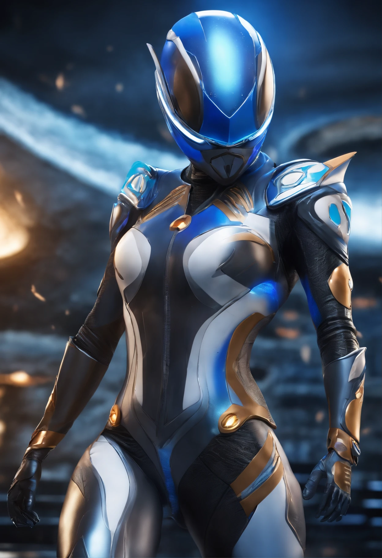 (Best Quality, hight resolution:1.2), Ultra-detailed, Realistic:1.37, Vibrant colors, Female Kamen Rider, Dolphin motif, Fish Symbol, Blue and white lines based on image colors, Sentai Hero, Full face mask covering the entire face, Four circular eyes with fisheye effect, Biological bodysuits, Armsword, Muscular decoration, Hero Suit, Feminine body curves, Water-themed images, Flying splashes, Blue light on space background, Intricately rendered photorealistic wallpapers.