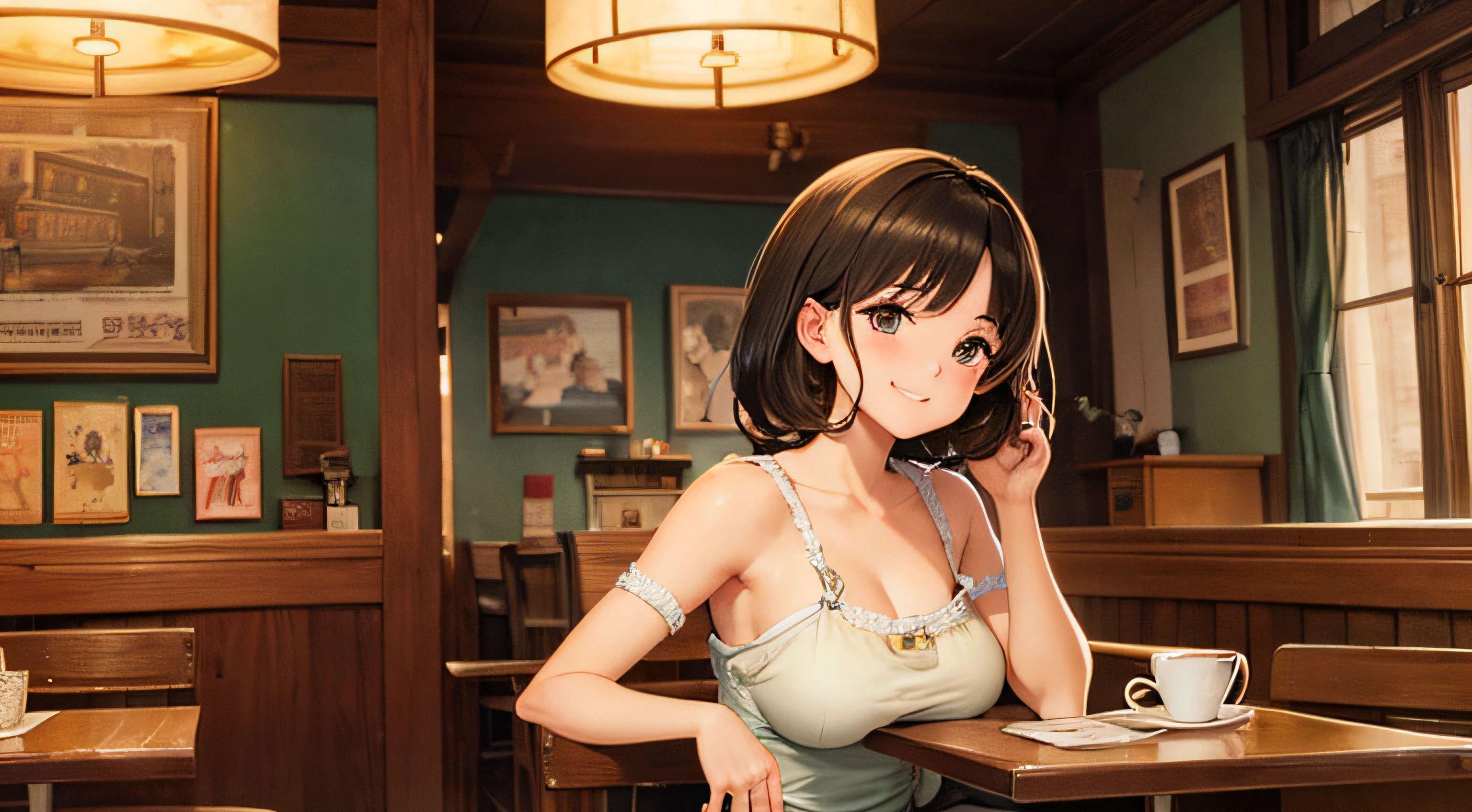 In a quaint, vintage coffee shop with retro decor, an anime girl with impeccably detailed eyes occupies a corner booth, her body swaying subtly to the rhythm of her music, her radiant gaze connecting with the viewer, creating a sense of intimate connection amid the warm, nostalgic atmosphere, looking at viewer, wearing revealing clothes, smiling, Illustration, digital art