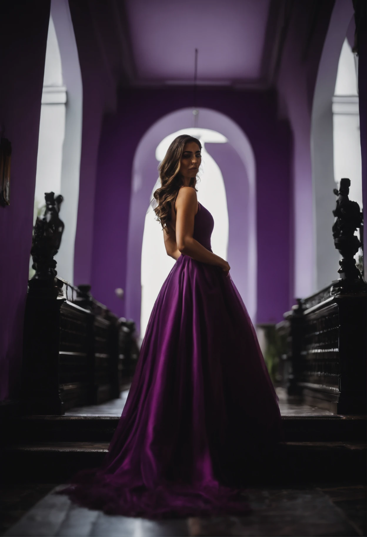 Garota, cor parda, cabelos castanhos,  vestido longo roxo, olhar carinhoso,