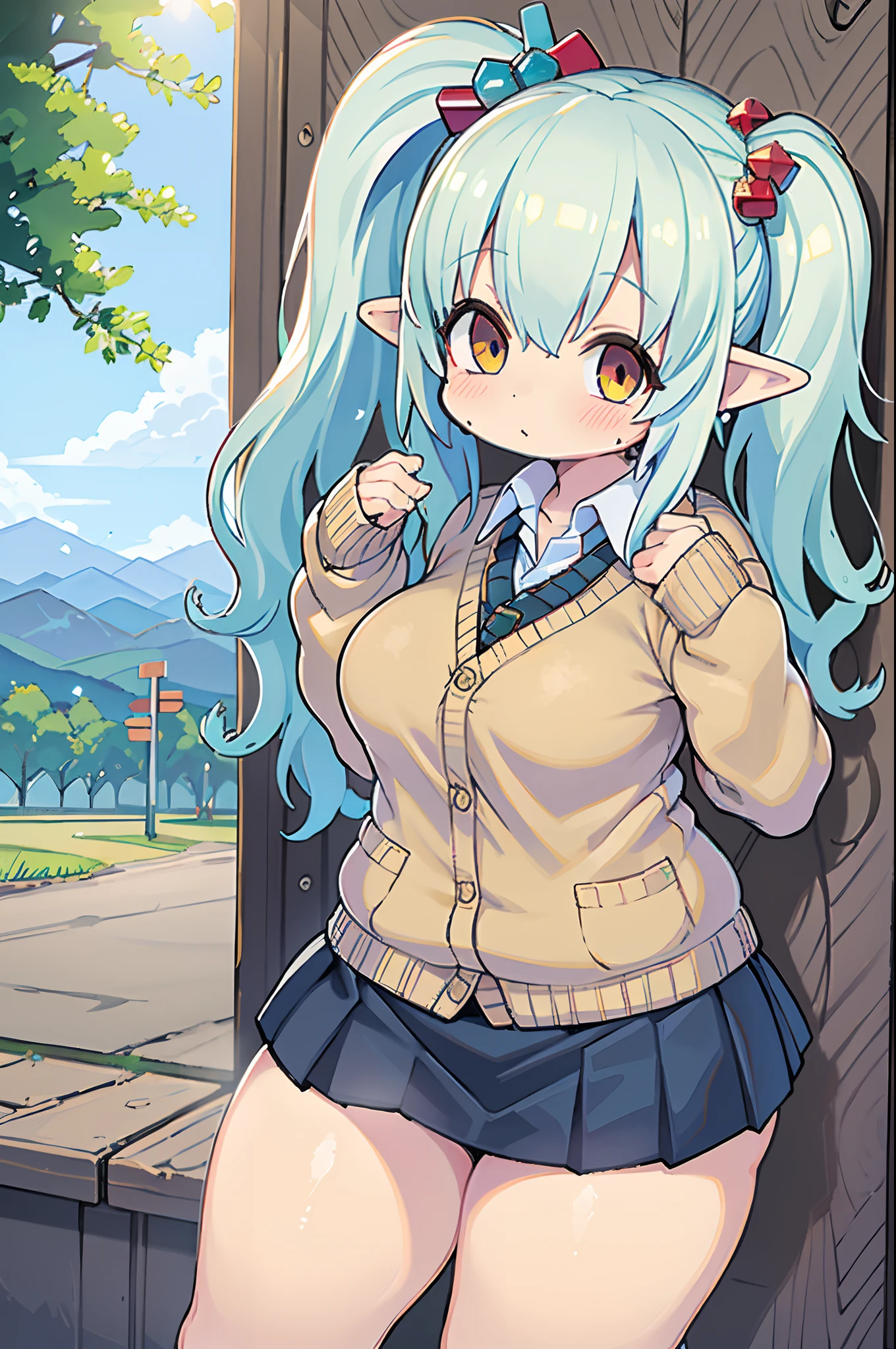 masutepiece , Best Quality,Nahida(GenshinImpact) ,1girl in , tiny chest,Long hair ,Side Ponytail, Hair Ornament , White hair , Green hair , hand behind head:1.5,multicolored hair, elf , pointy ear , School uniform , Skirt ,Cardigan,mountain road , Street,looking at the viewers
