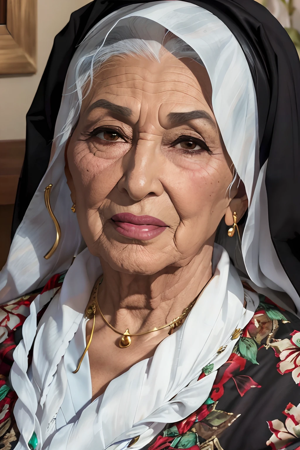 closeup of elderly arab woman, pele marrom, libanesa, kind grandma, charismatic, estilo quadrinhos, 4k