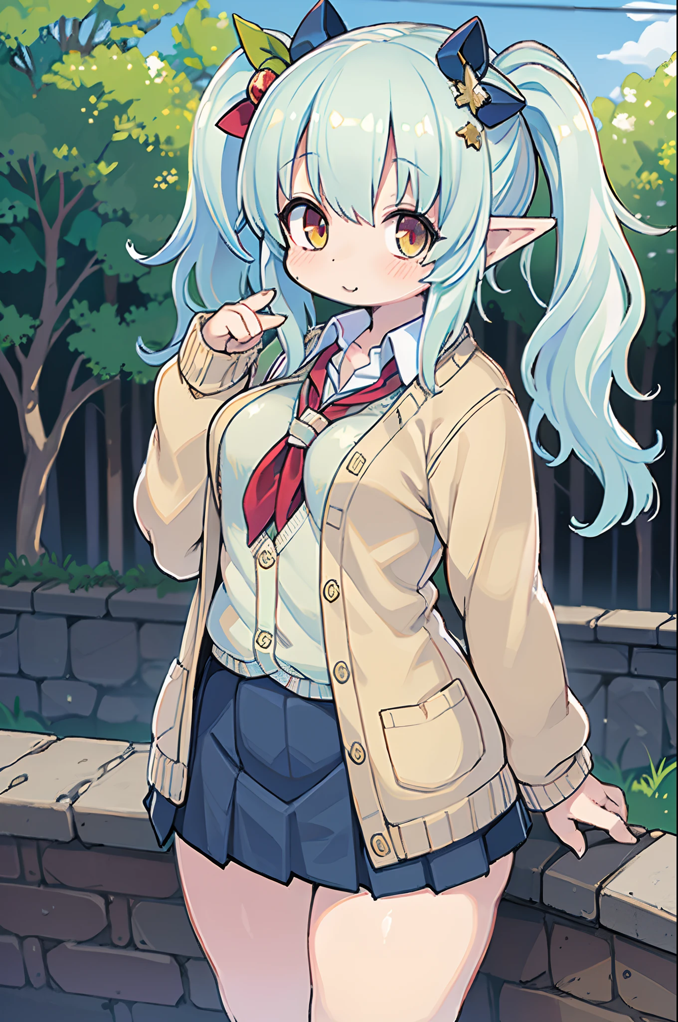 masutepiece , Best Quality,Nahida(GenshinImpact) ,1girl in , tiny chest,Long hair ,Side Ponytail, Hair Ornament , White hair , Green hair , hand behind head:1.5,multicolored hair, elf , pointy ear , School uniform , Skirt ,Cardigan,mountain road , Street,looking at the viewers