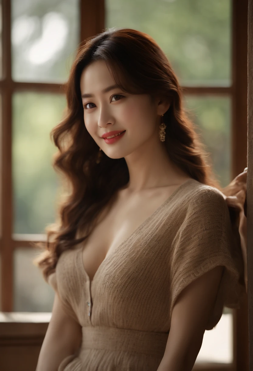 (masterpiece:1.3), (8K, Photorealsitic, Raw photography, Top image quality: 1.4), korean Actress Song Hye Kyo、(Random hairstyles:1.2)、cleavage of the breast:1.2、Super Detail Face、Eye of Detail、Bring your chest together、foco nítido:1.2、prety woman:1.4、light brown hair、top-quality、masterpiece、A high resolution、(Photorealsitic:1.4)、Highly detailed and professional lighting smile、tight and light knitwear、Shoulder out、slender、cute facial expression with smiling、long-haired、Fatal position,