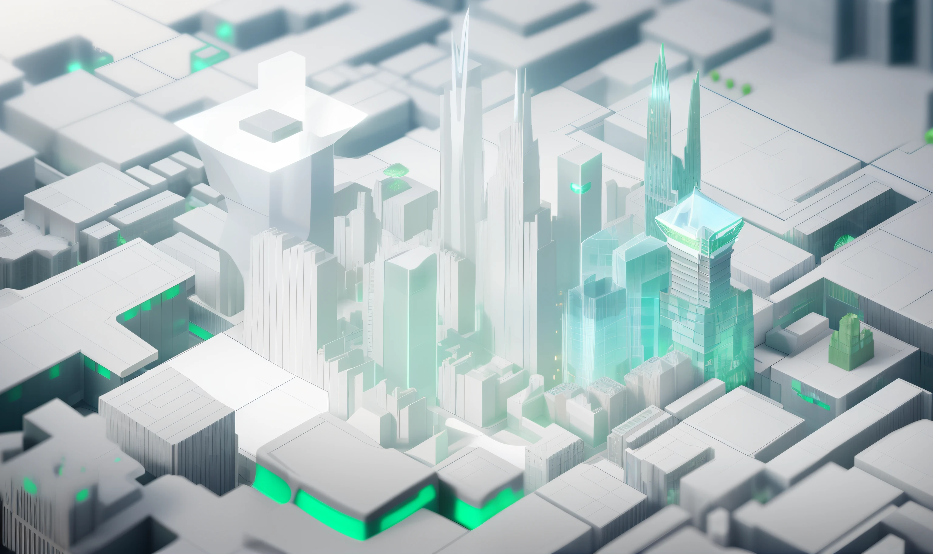 Image of the city of Alafeld,The green tower is surrounded by smaller buildings, 3d abstract render overlayed, Cyber architecture, geometric futuristic cityscape, background of digital greebles, Fractal architecture, geometric 3d render, geometric 3 d render, depicted as a 3 d render, tectonic cityscape, clean digital render, abstract 3d rendering, Translucent Grybour