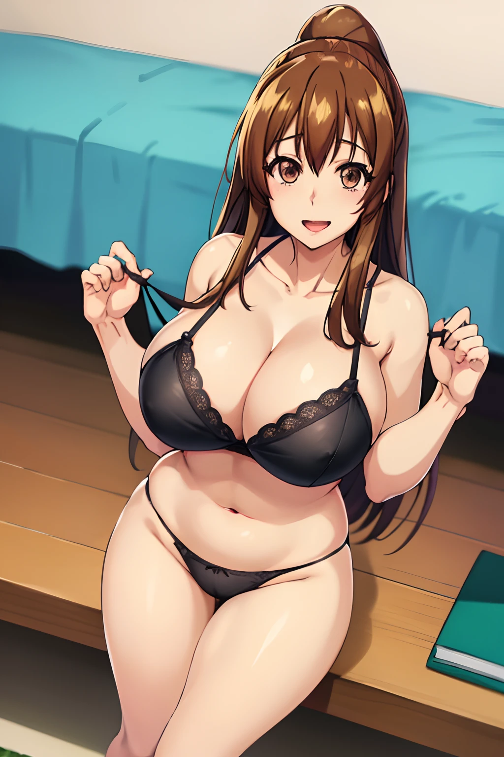 best quality, ((huge tits)), (black panties), (busty), bedroom, (masterpiece:1.2), (black bra), highly detailed, 1girl, kotegawa nanaka, looking at viewer, smile, open mount, brown eyes, brown hair, long hair, open mouth, squat pose, open legs, lipstick