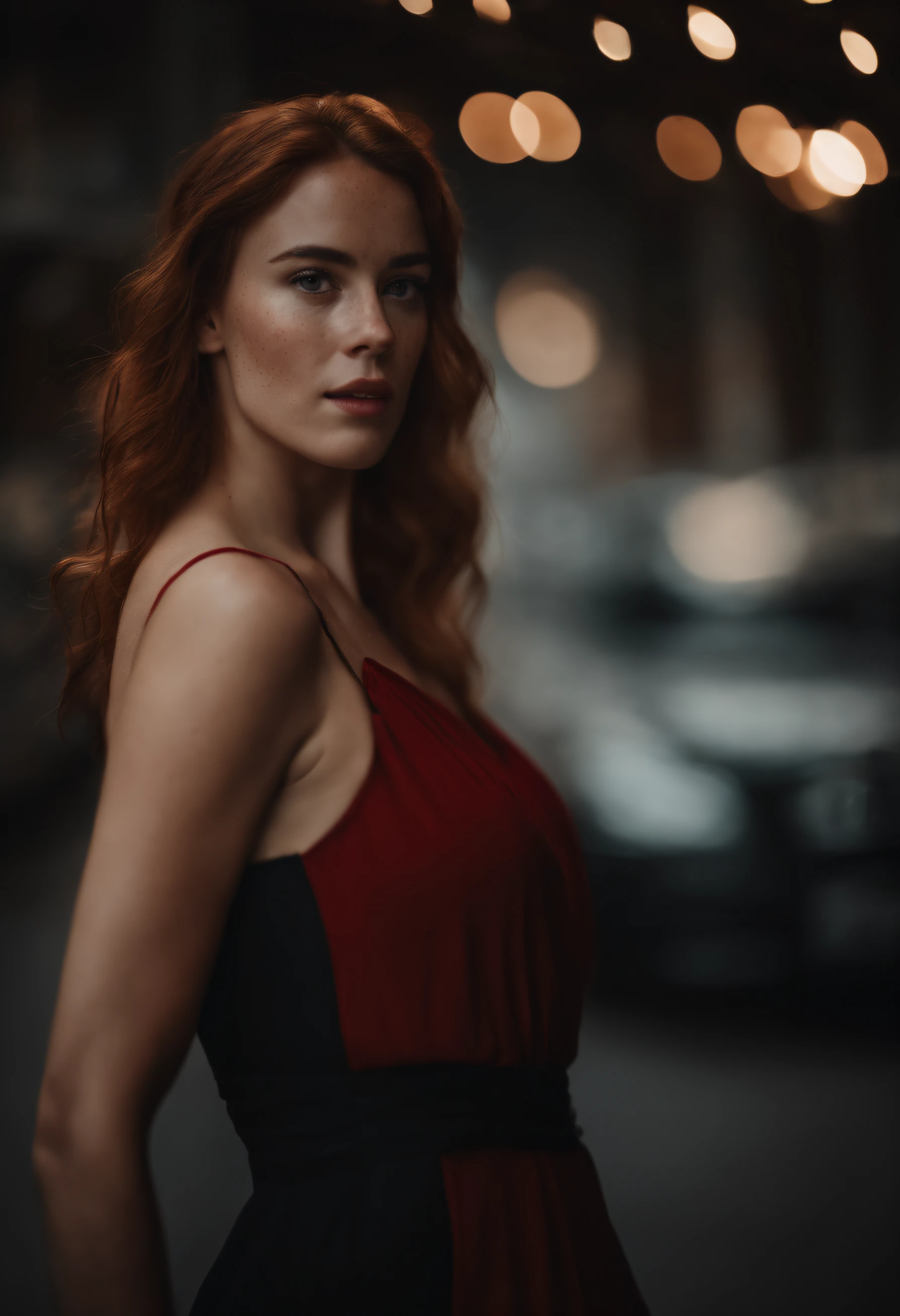(Thirty year old) woman, standing in the heavy rain, wearing a (long bright red dress:1.2), beautiful legs, (soaked hair:1.2), dreamy photo, dramatic pose, looking straight at camera, soft expression, flirty, slight smile, dark city landscape, crowd of dark strangers, misty, andre kohn, Canon, (Detailed features::1.2), real life. Hayley Atwell, intricate, 8k, highly detailed, (extremely detailed CG unity 8k wallpaper), ((square jaw)), (well defined jaw), (downturned lips), (detailed anatomy), Hyperrealistic full shot body image, trending on CGSociety, Intricate, High Detail, Sharp focus, dramatic, volumetric lighting, digital painting, intense, modelshoot style, (extremely detailed CG unity 8k wallpaper), full shot body photo of the most beautiful artwork in the world, pearl skin, professional majestic oil painting by Ed Blinkey, Atey Ghailan, Studio Ghibli, by Jeremy Mann, Greg Manchess, Antonio Moro, trending on ArtStation, photorealistic painting art by midjourney and greg Rutkowski