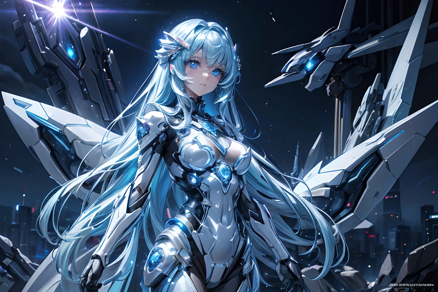 ４０００Future after、Sci-Fi World、Crystalline idloid girl、Superalloy skeleton in a transparent body that shines like a diamond、Sapphire-like eyes、nighttime scene、Cinematic lighting
