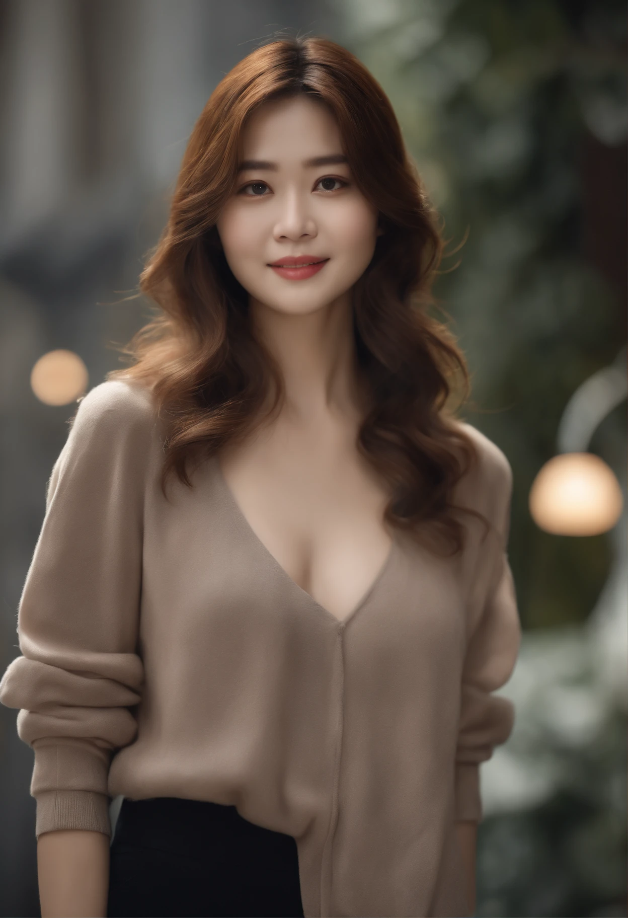 (masterpiece:1.3), (8K, Photorealsitic, Raw photography, Top image quality: 1.4), korean Actress Song Hye Kyo、(Random hairstyles:1.2)、cleavage of the breast:1.2、Super Detail Face、Eye of Detail、Bring your chest together、foco nítido:1.2、prety woman:1.4、light brown hair、top-quality、masterpiece、A high resolution、(Photorealsitic:1.4)、Highly detailed and professional lighting smile、tight and light knitwear、Shoulder out、slender、cute facial expression with smiling、long-haired、Fatal position,