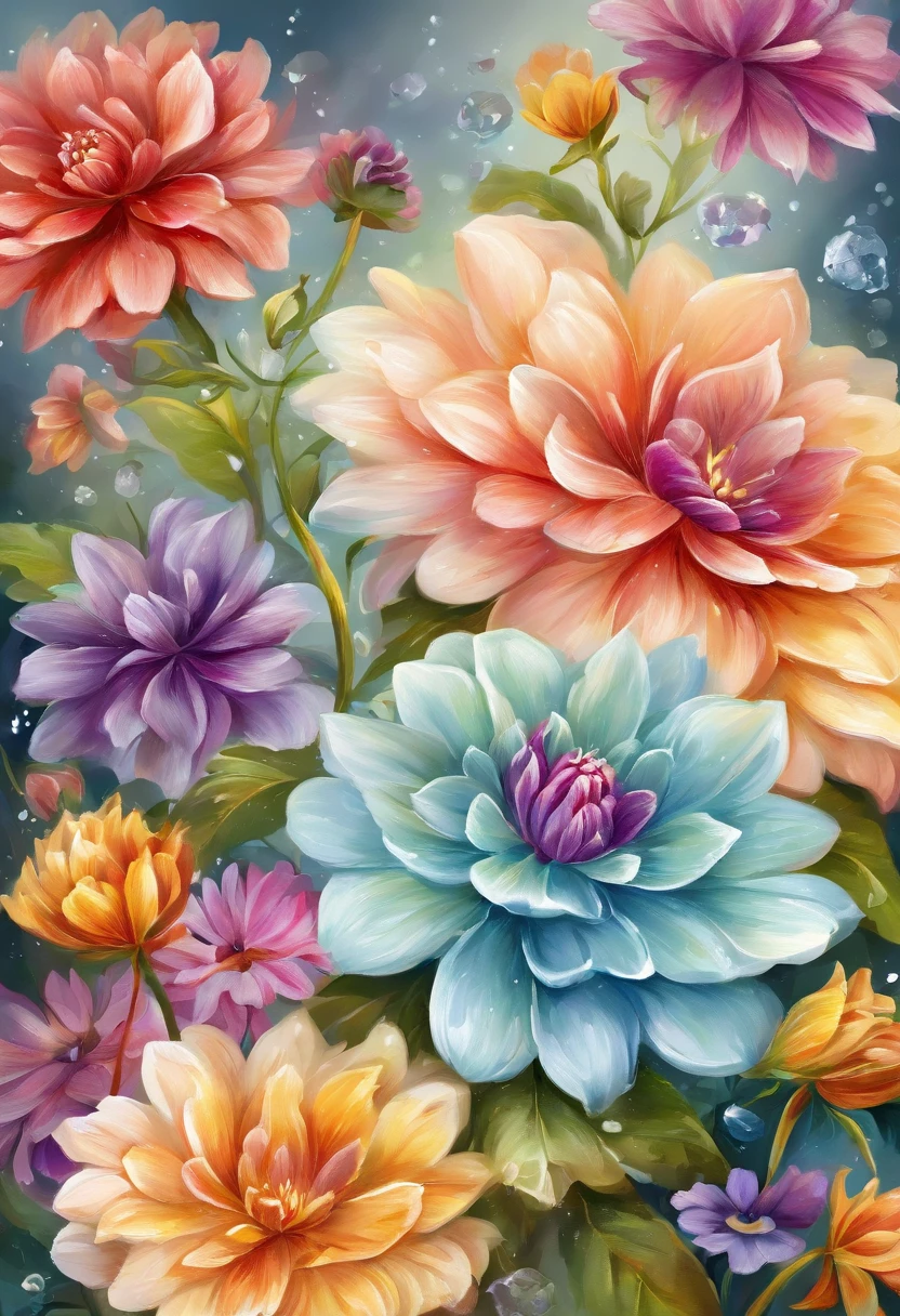 Digital art detailed for the best masterpieces, Highest Quality, with sparkling delicate yellow and pink dahlia flowers with elegant leaves,、Flowers against the background of colorful diamonds, Graceful stems, And delicate, And elegant, flowey, Glittering petals, flowercore, surrounded flower, Radiant magic representing flowers, Beautiful animations, Luminous flowers, Beautiful Art U Hard Disk 4k, Detailed Painting in 4K, Beautiful flowers and crystals, Luminous flowers, huge flower, light bloom, full bloom, Glowing flowers with bloom ether effect, Magic colorful flowers with flower pieces in the middle of the garden, floral environment, Beautiful Art U Hard Disk 4k, magical flowers, Flower explosion, Beautiful digital painting detailed in emergency digital photography, Detailed Painting in 4K, background artwork, Flower explosion, Floral flower color, highly-detailed digital painting, Appeared in 4K, Best Quality, hight resolution, 1080p, hard disk, 4K, 8K, 16 K