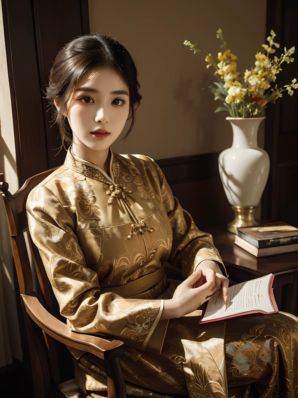 araffe woman sitting on a chair holding a book and a vase of dried plants, portrait shot, mid shot portrait, wearing an ornate outfit, traditional beauty, gorgeous lady, batik, elegant portrait, fanart, classic portrait, traditional clothes, asian woman, a young asian woman, book portrait, ao dai, detailed portrait, handsome girl