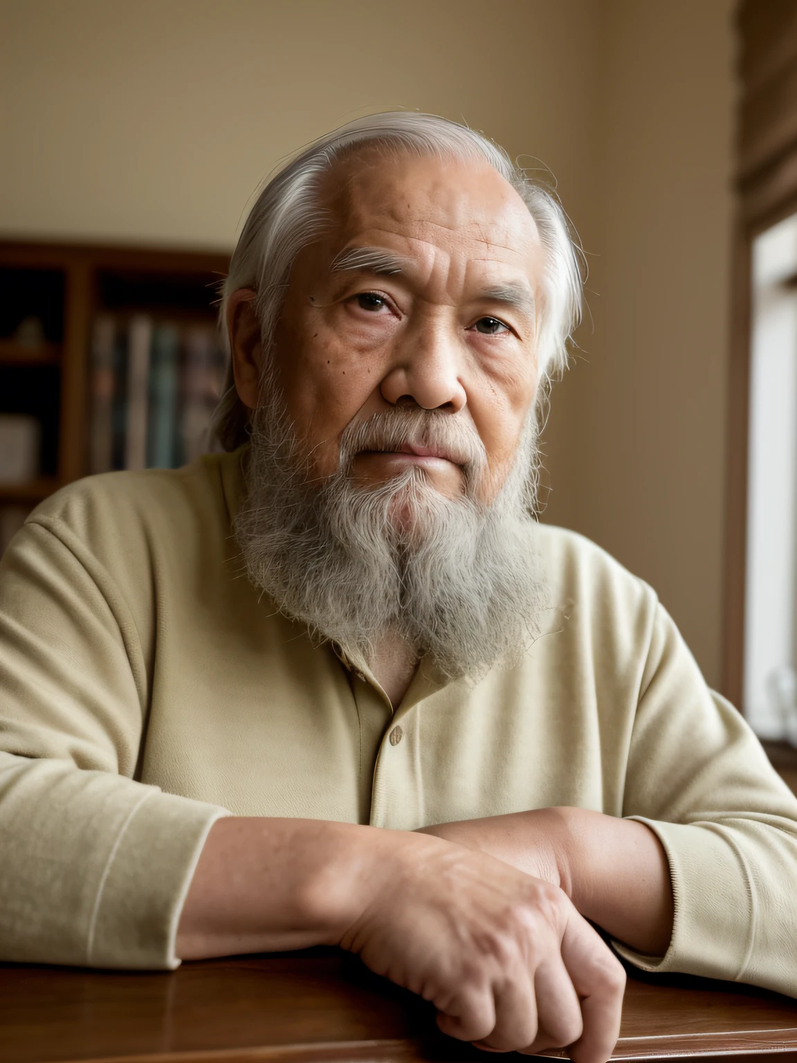 Hyper-Resolution, Ultra photo realsisim, cinema shot, Vignette, Portrait of an 80-year-old man,Look at the viewer,An elderly Asian man,Sit at your desk,Spiritual old man,Single image,Thin and thin, Old blue eyes, Short white hair, Bookshelf background,White Viking beard, Narrow face,dark-skin, Wide shoulders, Weathered by sunlight and water, Gold pattern royal twin peaks, The Royal Chambers camera is focused on the eye, High focal length, Bust photo,Faraway view,Digital SLR, Dark Studio, rim lit, twotonelighting, Dimly lit, low tune, Backlight,