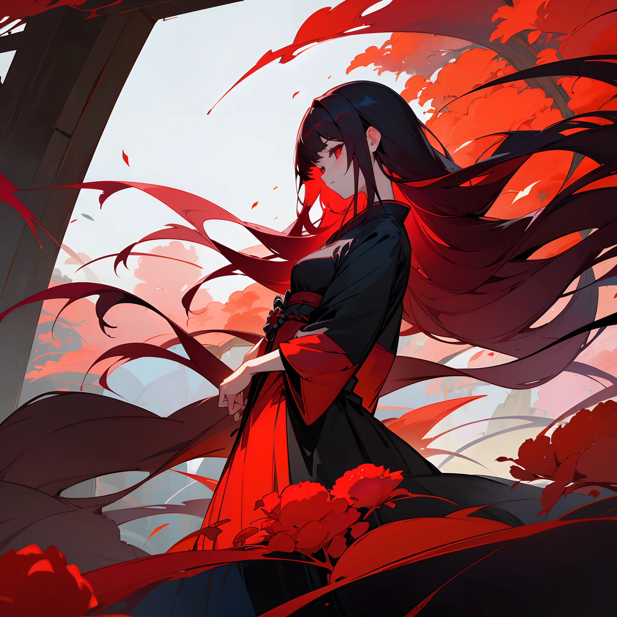 Japanese dress、Red flowers、red hairs、Black world、Black Shrine、saddened、hopelessness、Red and black colorful、Top image quality、Fantastical、1girl in、Red and black colorful hair、Landscape painting、