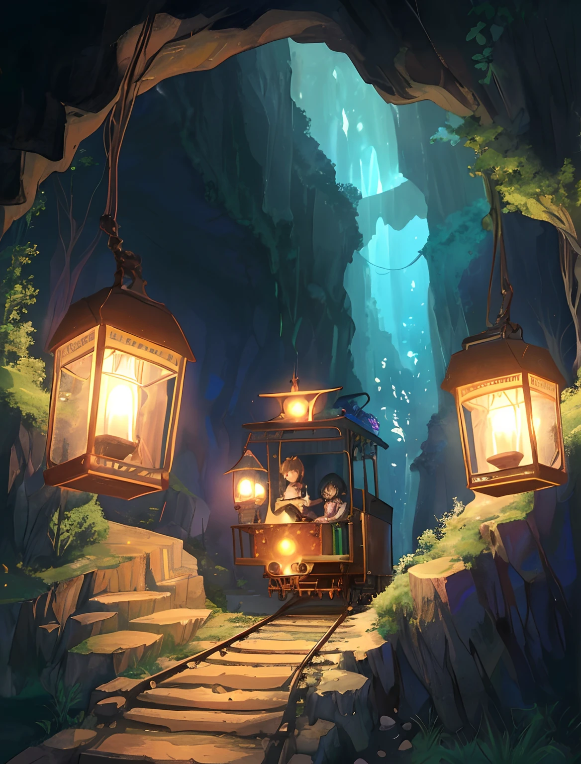 Create exquisite illustrations reminiscent of Makoto Shinkai's style, It has ultra-fine details and top-notch quality. Create an illustration of a fantastical and nostalgic cave exploration scene where a minecart, with a young girl aboard, is traversing along the tracks laid within the cave.