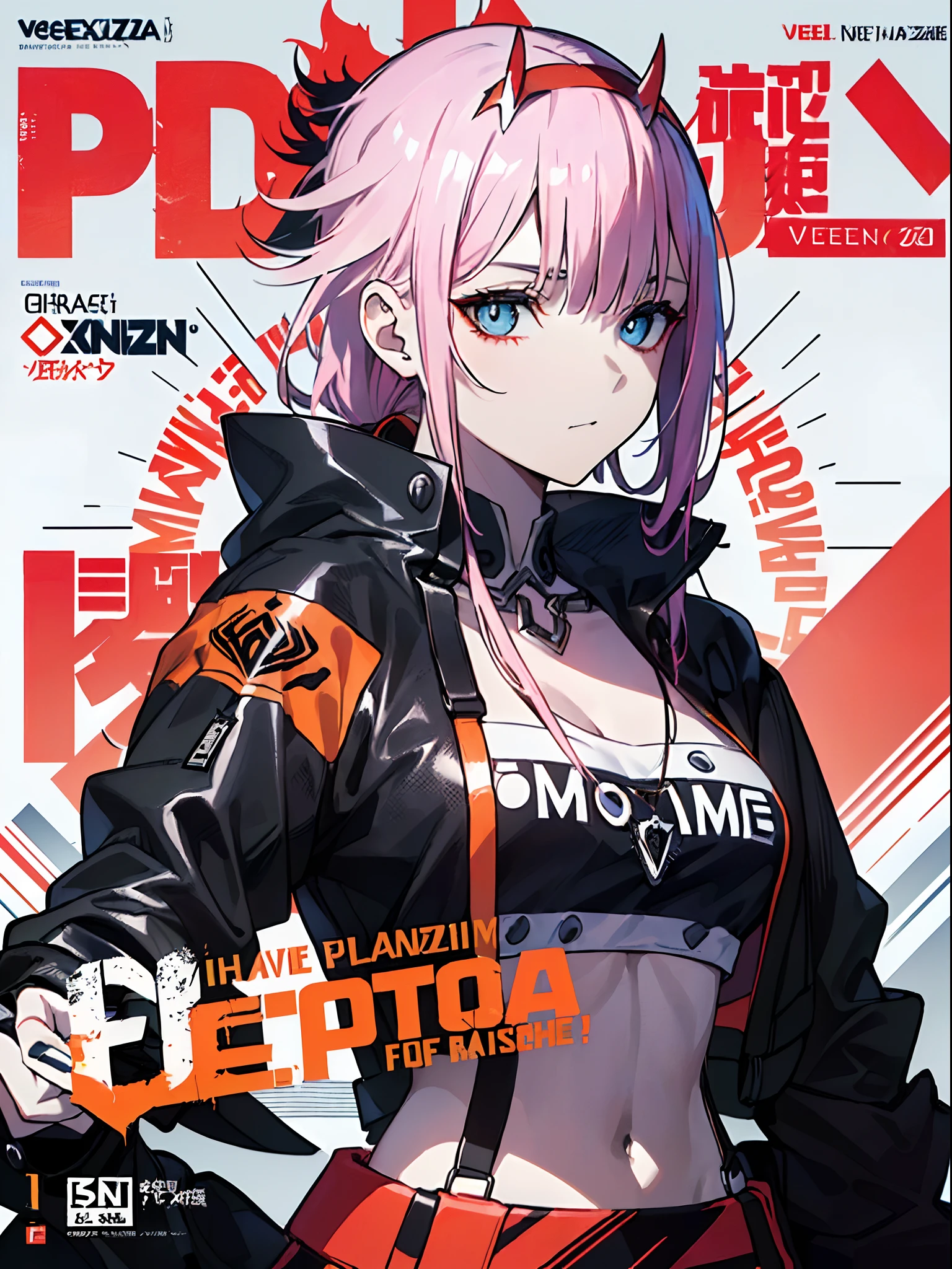 ((((Dramatic)))、(((gritty)))、(((vehement))), Zero Two, Movie poster featuring a young woman as the main character。She stands confidently in the center of the poster.、Wear stylish and edgy outfits、I have a determined look on my face。The background is dark and rough、Makes you feel danger and strength。Text is bold and attention-grabbing、Has a catchy tagline that adds to the overall sense of drama and excitement。The color palette is predominantly dark、There are splashes of bright colors、It gives the poster a dynamic and visually striking look。
(magazine:1.3), (cover-style:1.3), Fashionable, femele, with a vibrant, outfits, the pose, the front, Colorful, Dynamic, Background with, element, I'm confident, expresive, ngel, statement, accessorized, An majestic, coiled, surroundings, Touch, The scene, Texto, covers, It's bold, captures the attention, Titles, Stylish, Font, Catchy, headline, The large, Impressive, moderno, Trendy, Focus, lo fashion,Vivid eyes