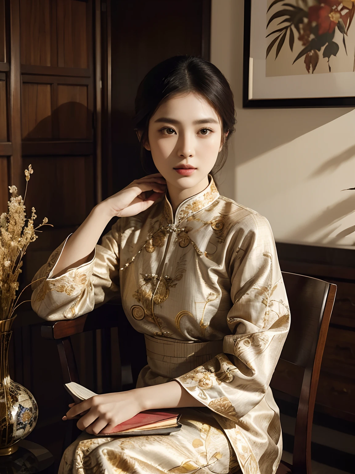 araffe woman sitting on a chair holding a book and a vase of dried plants, portrait shot, mid shot portrait, wearing an ornate outfit, traditional beauty, gorgeous lady, batik, elegant portrait, fanart, classic portrait, traditional clothes, asian woman, a young asian woman, book portrait, ao dai, detailed portrait, handsome girl