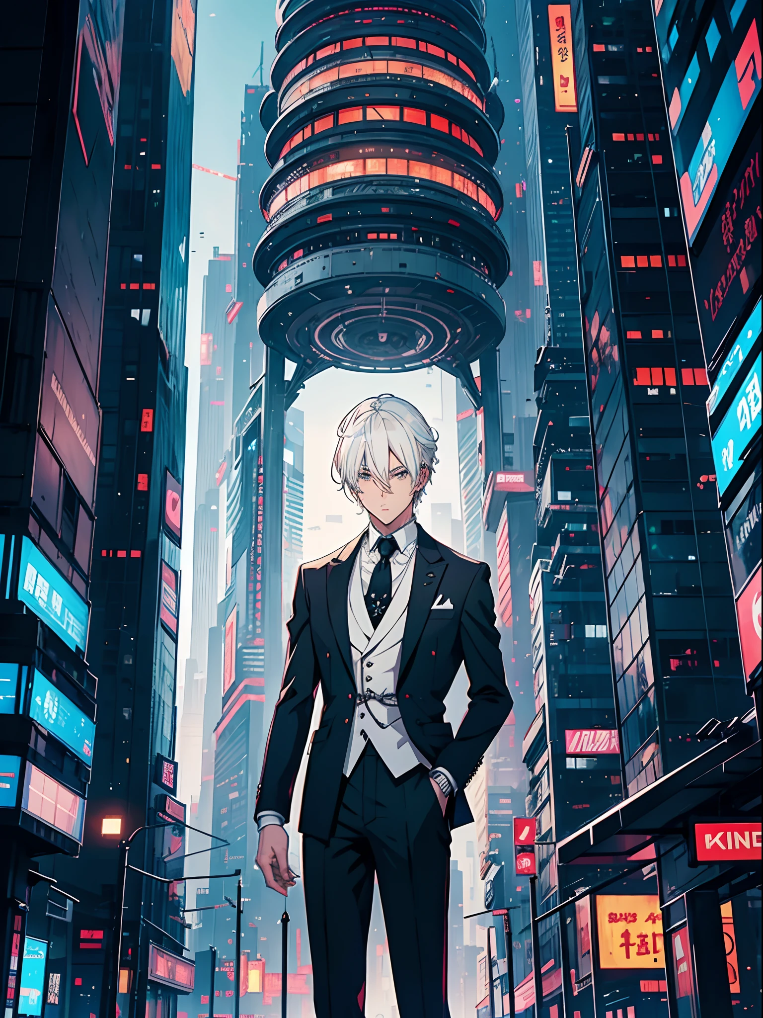 Anime Adult Guy Blonde, higly detailed, white colored hair, Formal wear and checkered blazer, Futuristic High-Tech City, Futuristic skyscrapers, complex and intricate architecture