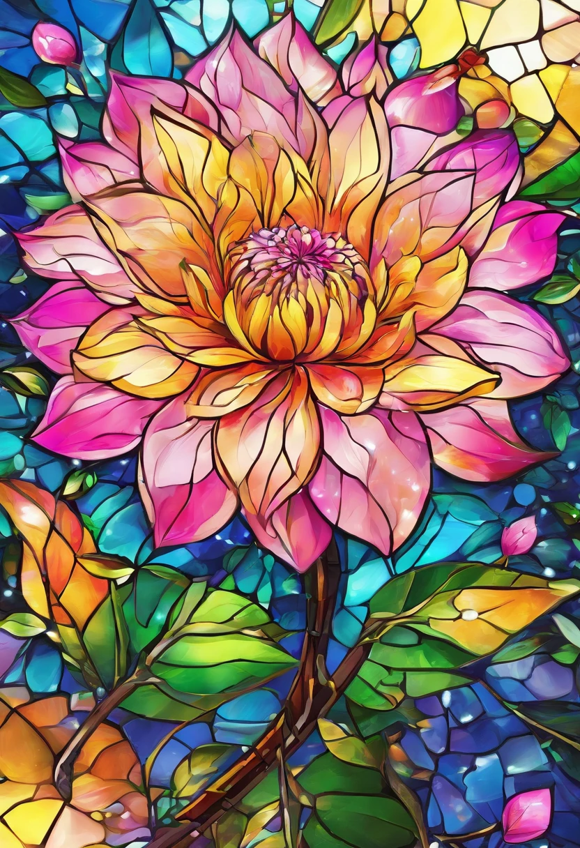 Digital art detailed for the best masterpieces, Highest Quality, with sparkling delicate yellow and pink dahlia flowers with elegant leaves,、Flowers against the background of colorful diamonds, Graceful stems, And delicate, And elegant, flowey, Glittering petals, flowercore, surrounded flower, Radiant magic representing flowers, Beautiful animations, 16k race bright flowers, Beautiful Art U Hard Disk 4k, Detailed Painting in 4K, Beautiful flowers and crystals, Luminous flowers, huge flower, light bloom, full bloom, Glowing flowers with bloom ether effect, Magic colorful flowers with flower pieces in the middle of the garden, floral environment, Beautiful Art U Hard Disk 4k, magical flowers, Flower explosion, Beautiful digital painting detailed in emergency digital photography, Detailed Painting in 4K, background artwork, Flower explosion, Floral flower color, highly-detailed digital painting, Appeared in 4K, Best Quality, hight resolution, 1080p, hard disk, 4K, 8K