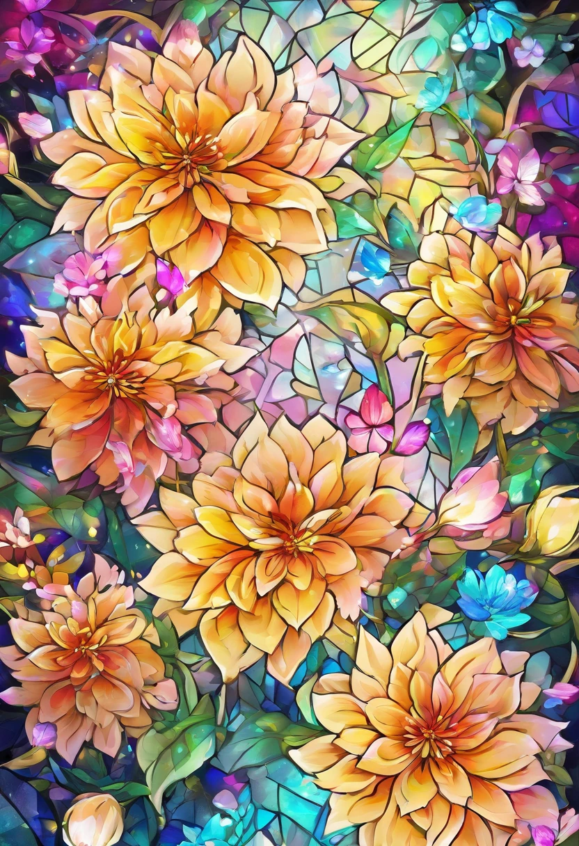 Digital art detailed for the best masterpieces, Highest Quality, with sparkling delicate yellow and pink dahlia flowers with elegant leaves,、Flowers against the background of colorful diamonds, Graceful stems, And delicate, And elegant, flowey, Glittering petals, flowercore, surrounded flower, Radiant magic representing flowers, Beautiful animations, 16k race bright flowers, Beautiful Art U Hard Disk 4k, Detailed Painting in 4K, Beautiful flowers and crystals, Luminous flowers, huge flower, light bloom, full bloom, Glowing flowers with bloom ether effect, Magic colorful flowers with flower pieces in the middle of the garden, floral environment, Beautiful Art U Hard Disk 4k, magical flowers, Flower explosion, Beautiful digital painting detailed in emergency digital photography, Detailed Painting in 4K, background artwork, Flower explosion, Floral flower color, highly-detailed digital painting, Appeared in 4K, Best Quality, hight resolution, 1080p, hard disk, 4K, 8K