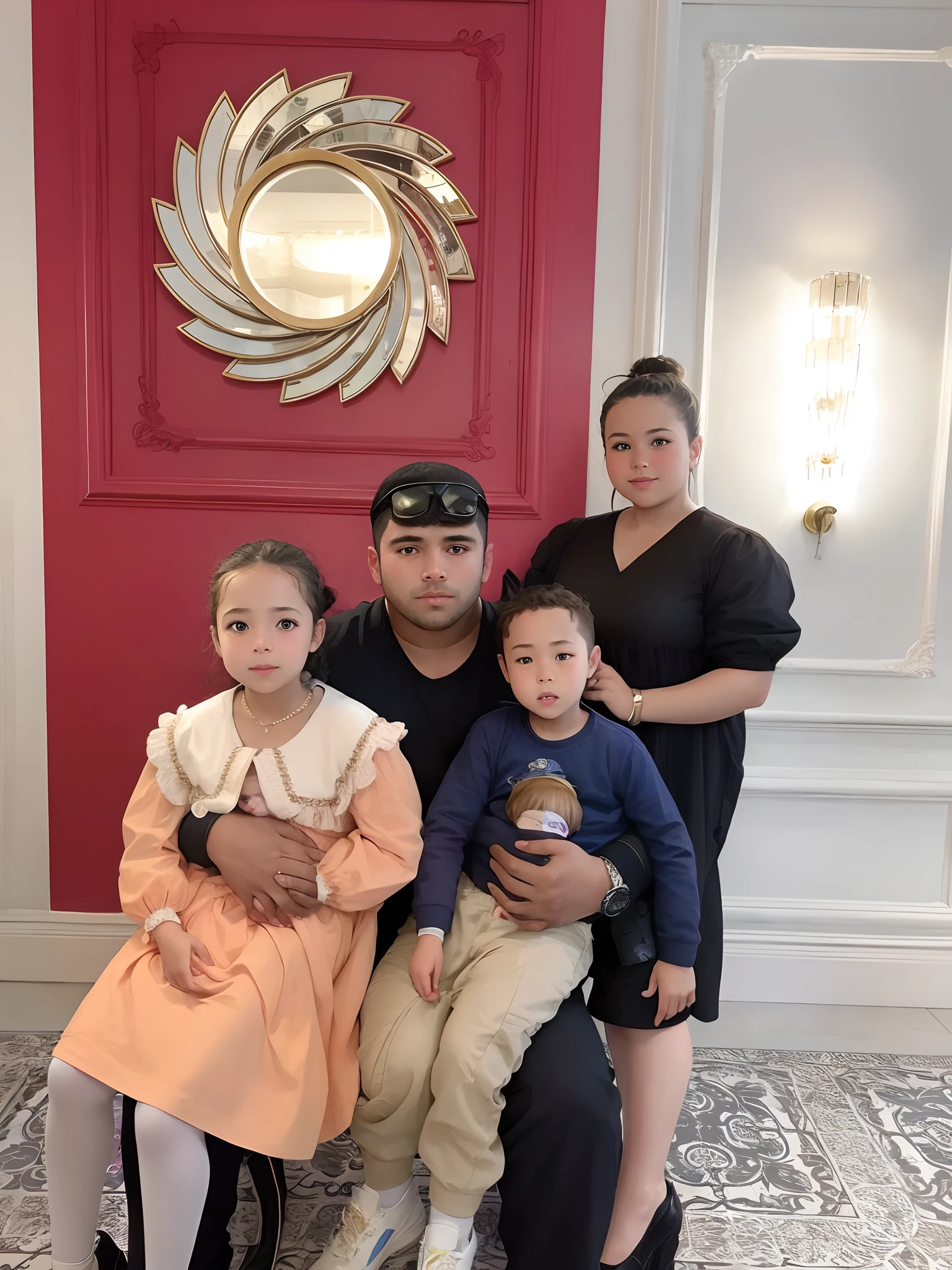 Japanese woman huge breasts, medium dress, with her family, pose hot full body, hijab modern mini dress