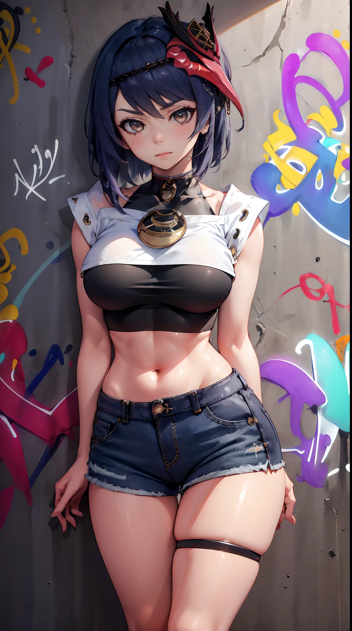 Kujou Sara Genshin Effect, masterpiece, bestquality, 1girls, oversized breasts, bara, crop top, shorts jeans, choker, (Graffiti:1.5), Splash with purple lightning pattern., arm behind back, against wall, View viewers from the front., Thigh strap, Head tilt, bored, water eyes,