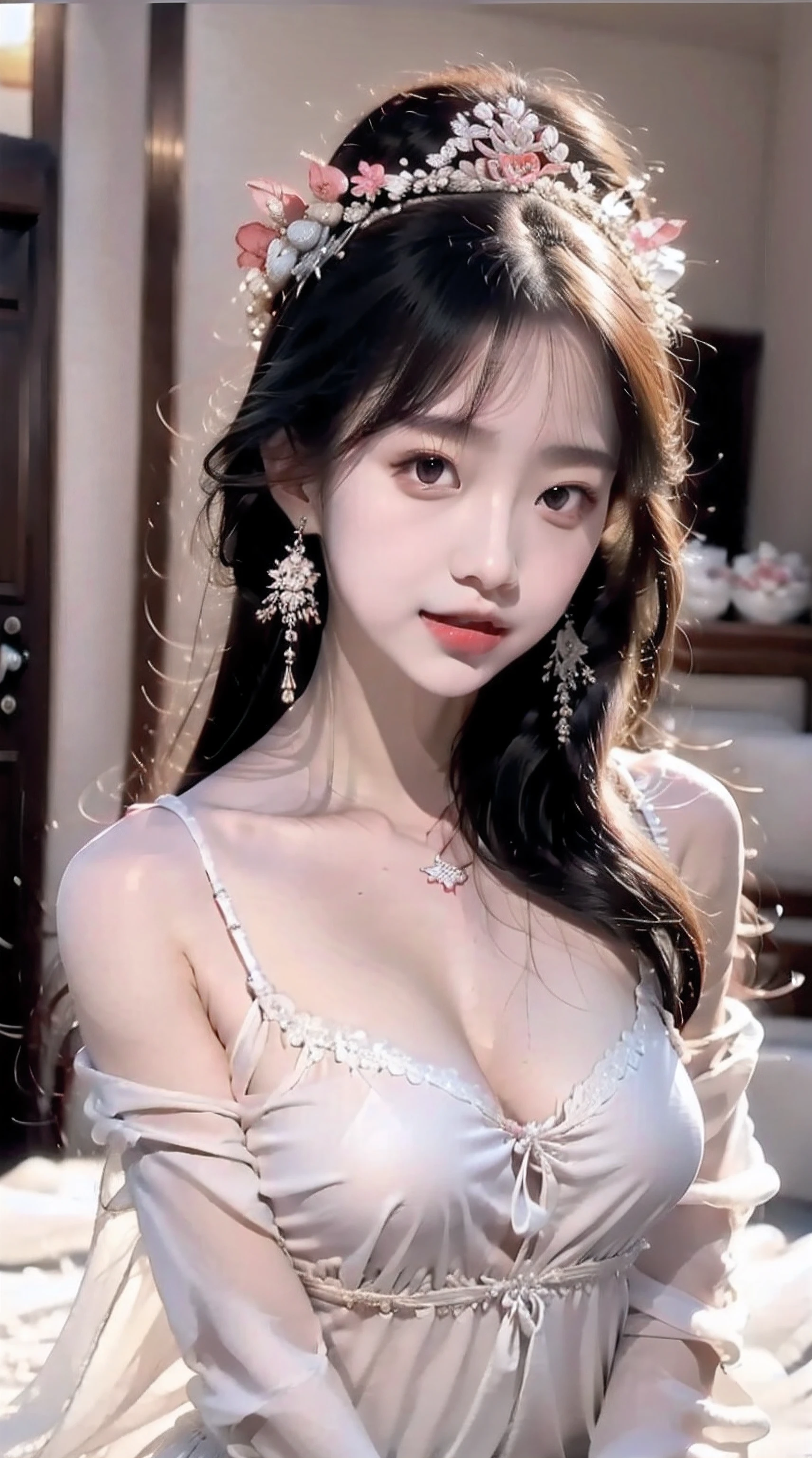 1 adult empress wearing red lace top, deep-breasted nightgown, Chinese-style clothes, ancient costumes with many phoenix patterns, flawless pink and white face, crowned head, hip-length black hair , very beautiful and sharp brown eyes, small red lips, painted lips, charming smile, jewelry worn around the neck, earrings, white and even teeth, high nose, big round breasts, the girl's body is covered with water on chest, slim legs, thin mesh black socks, portrait, most realistic, highest quality, best pixels, 8k ultra ,