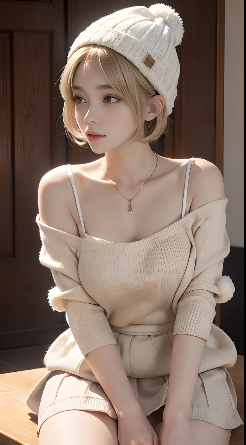 (masuter piece:1.3)、(8K、Photorealsitic、RAW photography、top-quality: 1.4)、(1girl in)、beautiful countenance、(lifelike face)、(Light beige hair、short-hair:1.3)、((A plump chest))、 (Spherical length top)、(Exposing the abdomen)、(short skirt:1.3)、(Beanie without brimmed inside the screen、Show off knitted pompom caps)、photorealistic eye、Beautiful details、(real looking skin)、Beautiful skins、absurderes、enticing、超A high resolution、ultra-realistic realism、high detal、the golden ratio