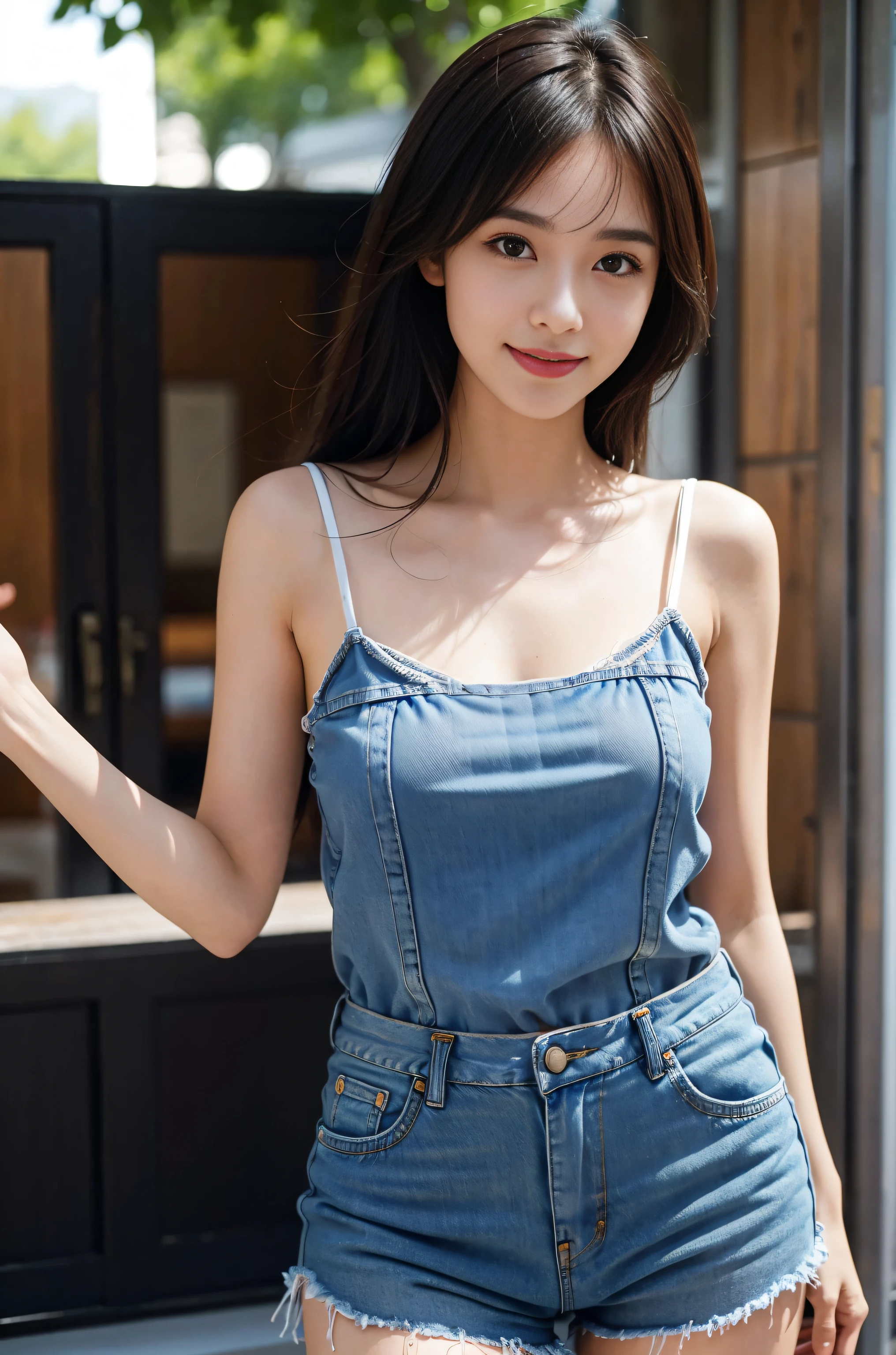 masterpiece, Best Quality, 8K, ers old, Teen, Raw photo, absurderes, award winning portrait, Smile, Solo, Idol face, violaceaess, Delicate girl, Upper body, Digital SLR, Looking at Viewer, Candid, Sophisticated,Thin arms, Professional Lighting, Film grain, chromatic abberation, (Eyes and faces with detailed:1.0), (Bokeh:1.1) , (pinafore:1.1) , closes mouth ,standing,((leaning forward ,big breast,cleavege ))