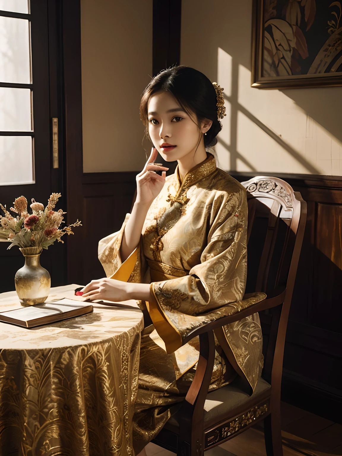 araffe woman sitting on a chair holding a book and a vase of dried plants, portrait shot, mid shot portrait, wearing an ornate outfit, traditional beauty, gorgeous lady, batik, elegant portrait, fanart, classic portrait, traditional clothes, asian woman, a young asian woman, book portrait, ao dai, detailed portrait, handsome girl
