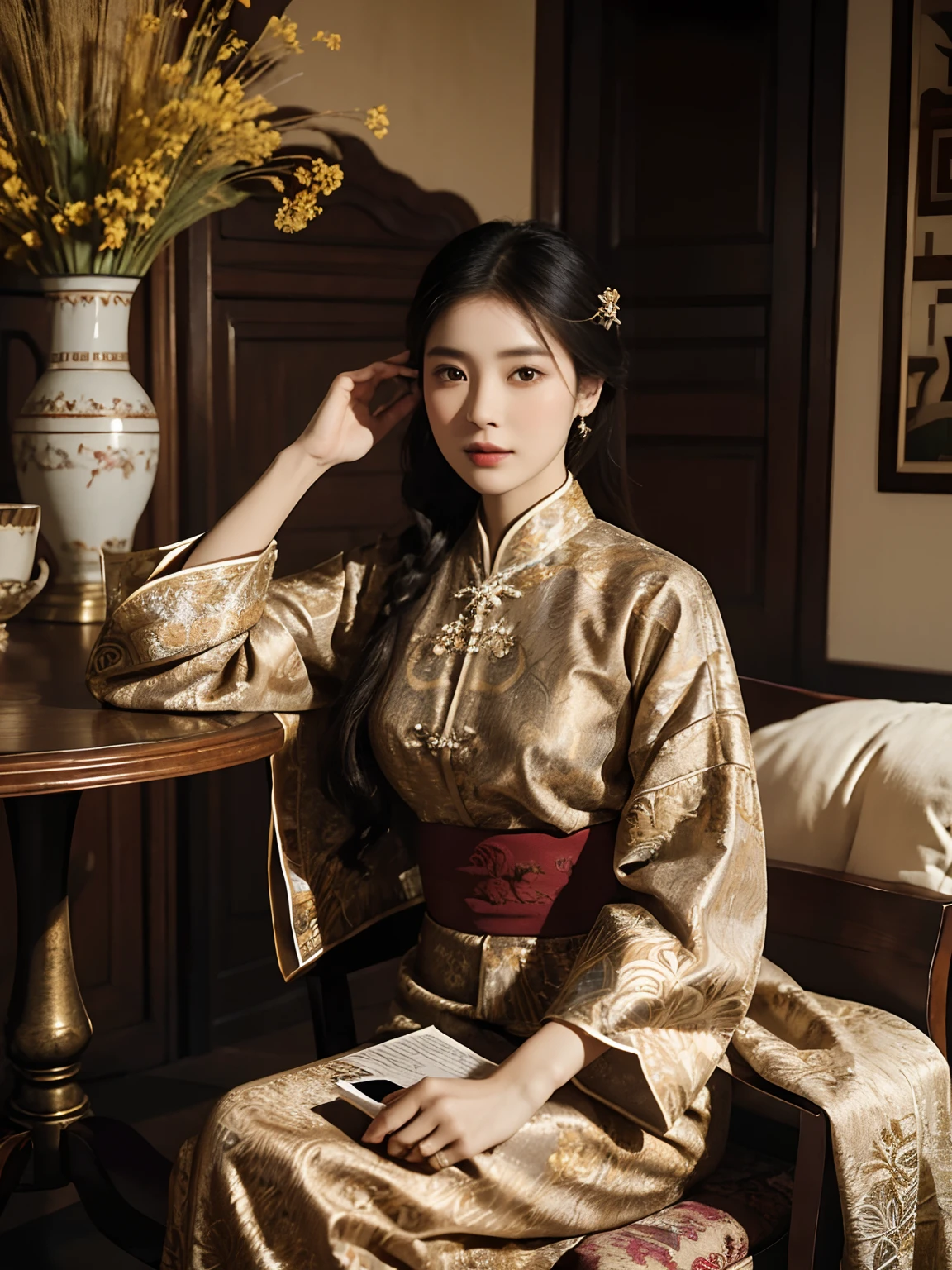 araffe woman sitting on a chair holding a book and a vase of dried plants, portrait shot, mid shot portrait, wearing an ornate outfit, traditional beauty, gorgeous lady, batik, elegant portrait, fanart, classic portrait, traditional clothes, asian woman, a young asian woman, book portrait, ao dai, detailed portrait, handsome girl