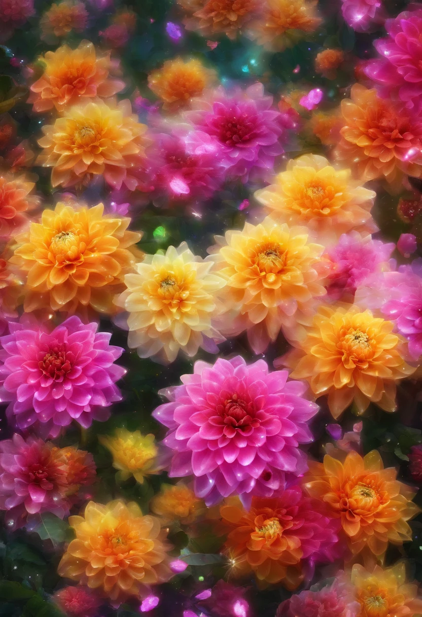 Digital art detailed for the best masterpieces, Highest Quality, with sparkling delicate yellow and pink dahlia flowers with elegant leaves,、Flowers against the background of colorful diamonds, Graceful stems, And delicate, And elegant, flowey, Glittering petals, flowercore, surrounded flower, Radiant magic representing flowers, Beautiful animations, 16k race bright flowers, Beautiful Art U Hard Disk 4k, Detailed Painting in 4K, Beautiful flowers and crystals, Luminous flowers, huge flower, light bloom, full bloom, Glowing flowers with bloom ether effect, Magic colorful flowers with flower pieces in the middle of the garden, floral environment, Beautiful Art U Hard Disk 4k, magical flowers, Flower explosion, Beautiful digital painting detailed in emergency digital photography, Detailed Painting in 4K, background artwork, Flower explosion, Floral flower color, highly-detailed digital painting, Appeared in 4K, Best Quality, hight resolution, 1080p, hard disk, 4K, 8K