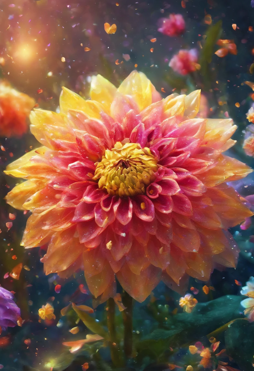 Digital art detailed for the best masterpieces, Highest Quality, with sparkling delicate yellow and pink dahlia flowers with elegant leaves,、Flowers against the background of colorful diamonds, Graceful stems, And delicate, And elegant, flowey, Glittering petals, flowercore, surrounded flower, Radiant magic representing flowers, Beautiful animations, 16k race bright flowers, Beautiful Art U Hard Disk 4k, Detailed Painting in 4K, Beautiful flowers and crystals, Luminous flowers, huge flower, light bloom, full bloom, Glowing flowers with bloom ether effect, Magic colorful flowers with flower pieces in the middle of the garden, floral environment, Beautiful Art U Hard Disk 4k, magical flowers, Flower explosion, Beautiful digital painting detailed in emergency digital photography, Detailed Painting in 4K, background artwork, Flower explosion, Floral flower color, highly-detailed digital painting, Appeared in 4K, Best Quality, hight resolution, 1080p, hard disk, 4K, 8K