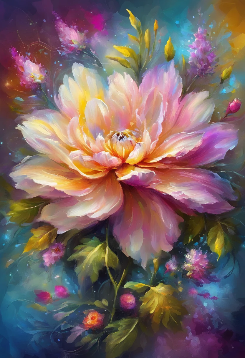 Digital art detailed for the best masterpieces, Highest Quality, with sparkling delicate yellow and pink dahlia flowers with elegant leaves,、Flowers against the background of colorful diamonds, Graceful stems, And delicate, And elegant, flowey, Glittering petals, flowercore, surrounded flower, Radiant magic representing flowers, Beautiful animations, 16k race bright flowers, Beautiful Art U Hard Disk 4k, Detailed Painting in 4K, Beautiful flowers and crystals, Luminous flowers, huge flower, light bloom, full bloom, Glowing flowers with bloom ether effect, Magic colorful flowers with flower pieces in the middle of the garden, floral environment, Beautiful Art U Hard Disk 4k, magical flowers, Flower explosion, Beautiful digital painting detailed in emergency digital photography, Detailed Painting in 4K, background artwork, Flower explosion, Floral flower color, highly-detailed digital painting, Appeared in 4K, Best Quality, hight resolution, 1080p, hard disk, 4K, 8K