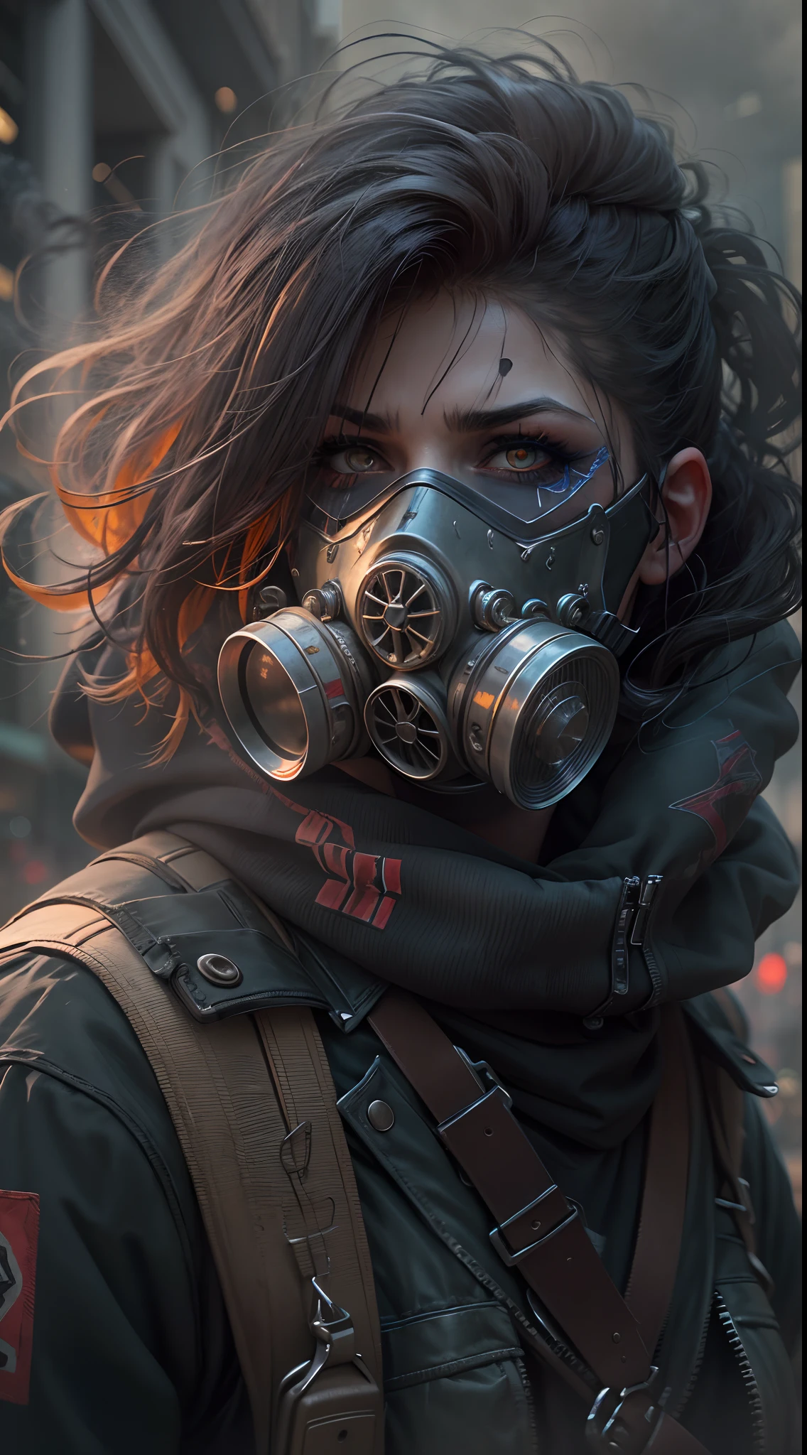 (Best Quality,4k,8K,hight resolution,Masterpiece:1.2),Ultra-detailed,Realistic,Photorealistic:1.37),mutinous,masked,rebel,Latex gas mask,commotion,A dangerous uprising,Rebellious hairstyle,disobedience,warrior,doodles,CityView,worn clothing,protest,anarchy,gritty texture,Revolutions,street art,Smoky Streets,bokeh,moody lighting,Street lamps,Fiery Sky,ominous vibe,Vivid colors,dystopia,lost,Social unrest,Political upheaval,Frowned upon,File an objection,Masked Rebellion,Urban decay,A defiant look,Resistance in masks,Tough stance.