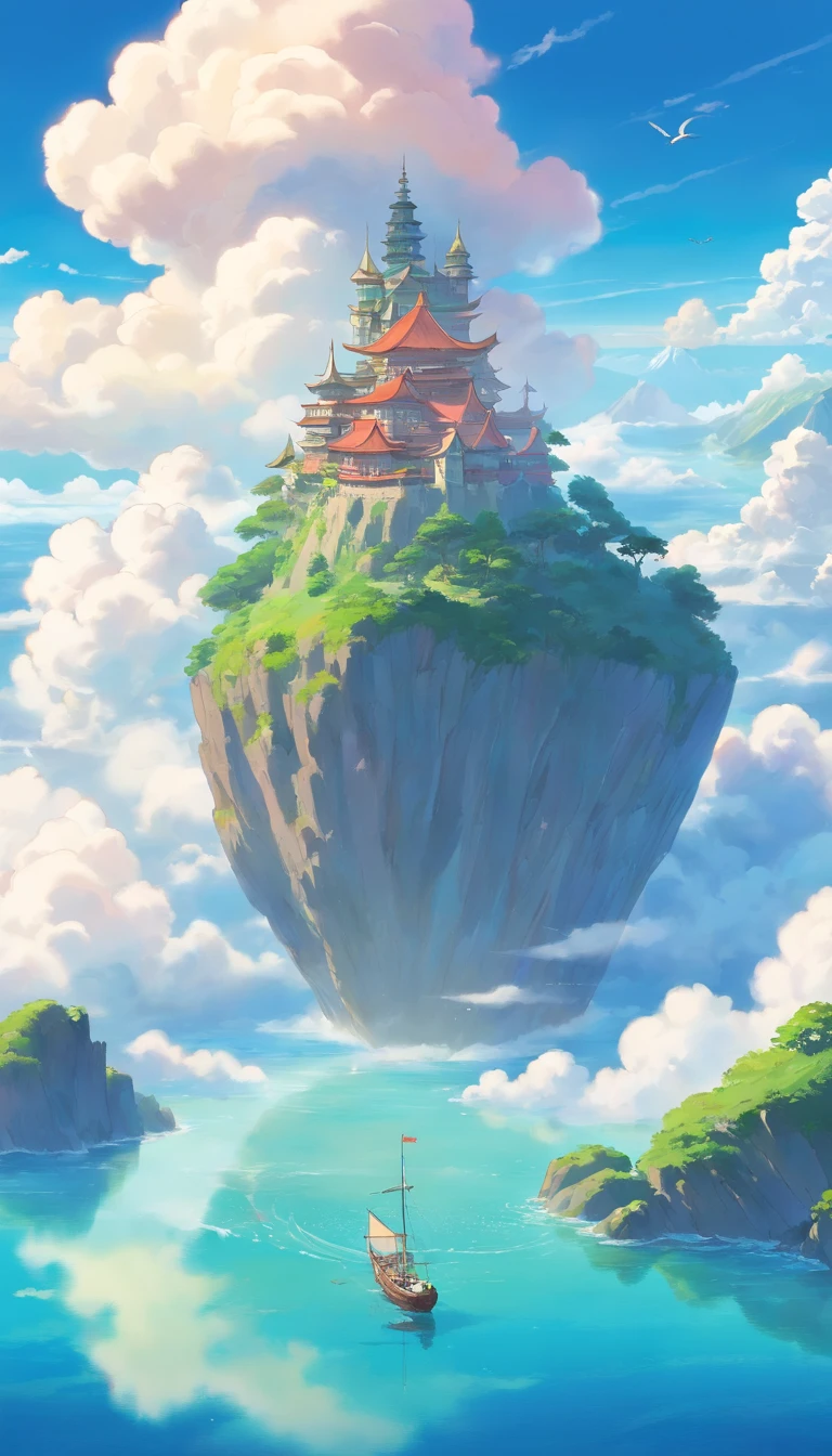 A painting of a castle on a small island in the middle of the ocean ...