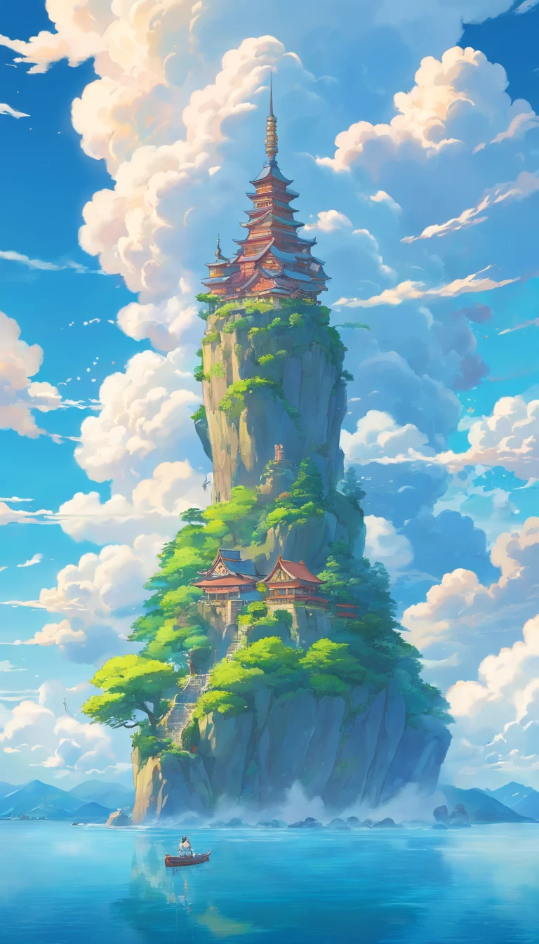 surrounded by cloud,Beautiful and smooth graphics,(NOhumans),Carefully depicted landscape,Light clouds float on the water,It's like a fairyland。Hazy light penetrates the clouds,Reflect stunning light and shadow effects。There is a sea of clouds in the picture,The looming view is mesmerizing。