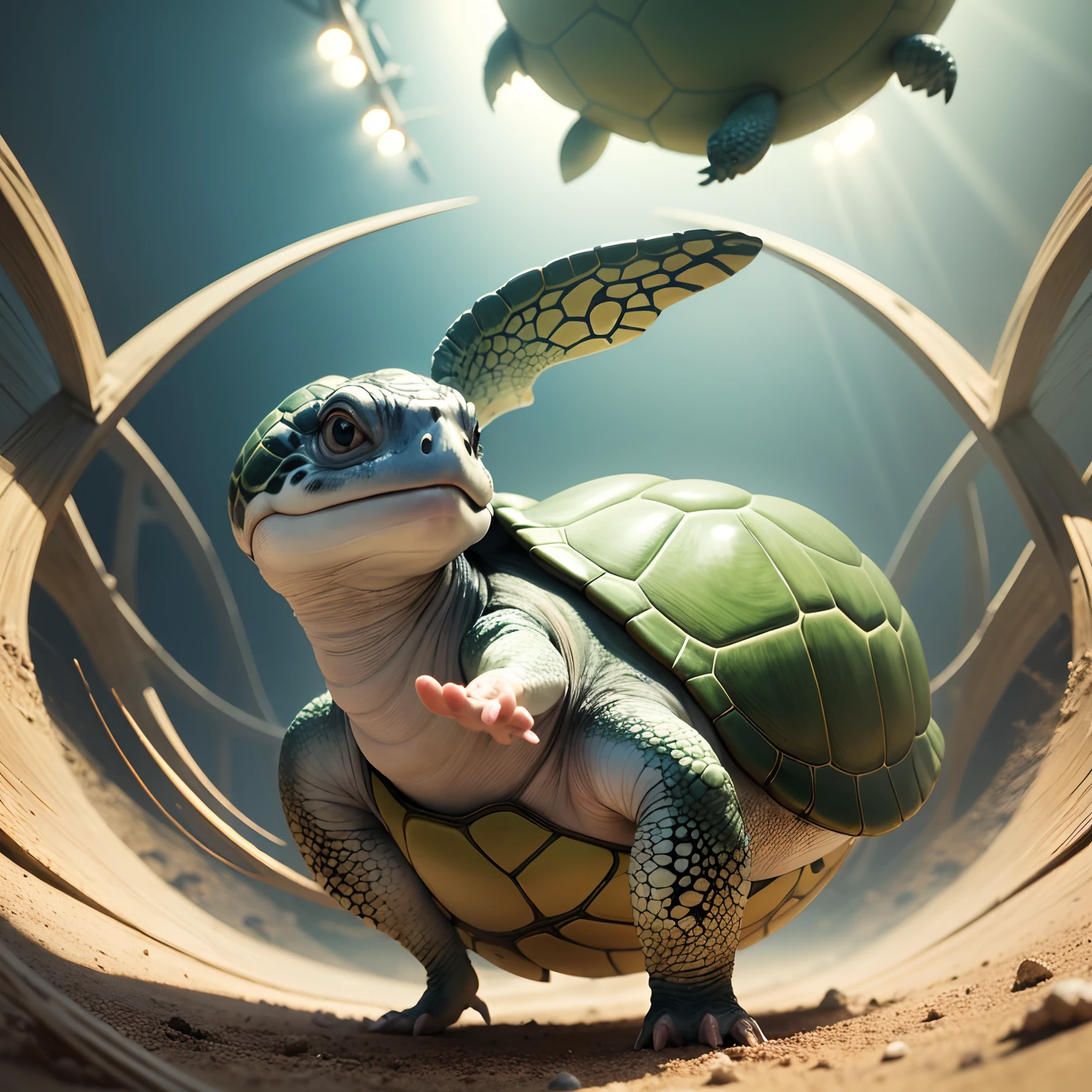 (best quality, highres, photo-realistic:1.37), cute small turtle dancing, lively and joyful, performing easter egg acrobatics with perfect coordination, exaggerated movements, cartoon-style rendering with vibrant colors and charming expressions, amusing and humorous, dynamic lighting and shadows, imaginative and whimsical scenery, surreal and playful background, detailed texture and shading, capturing every delicate detail of the turtle's movements and features, creating a delightful and enchanting visual experience.